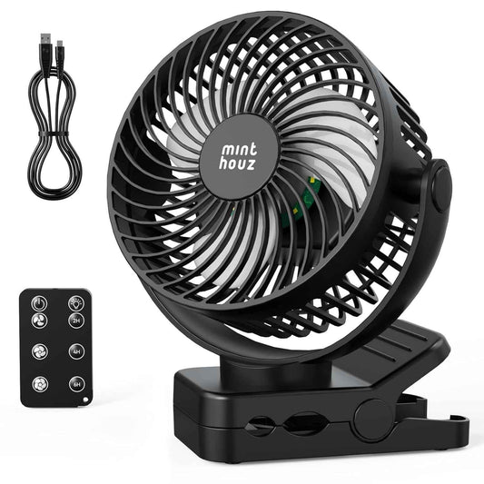Minthouz Clip on Fan, 12000mAh Desk Fans, 360° Rotation Rechargeable Portable Fan with 45hrs Runtime - Quiet 3 Speeds, Wireless Remote, Timer, Input/Output Ports - Lightweight for Travel & Office