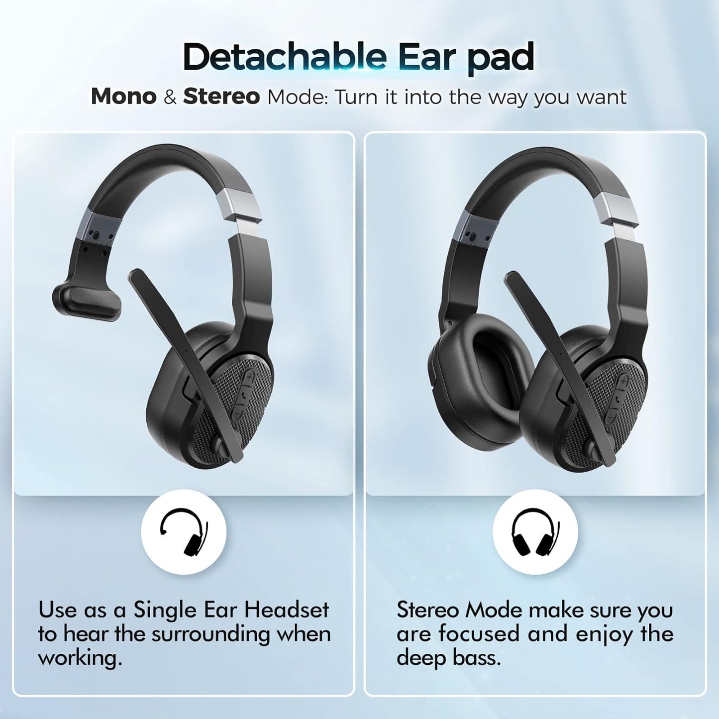 Trucker Bluetooth Headset with Dongle, Wireless Headsets with Noise Cancelling Microphone, 50+Hrs HD Talktime Bluetooth Headphones with Detachable Earpad/Single+Dual Mode for Office/Driving