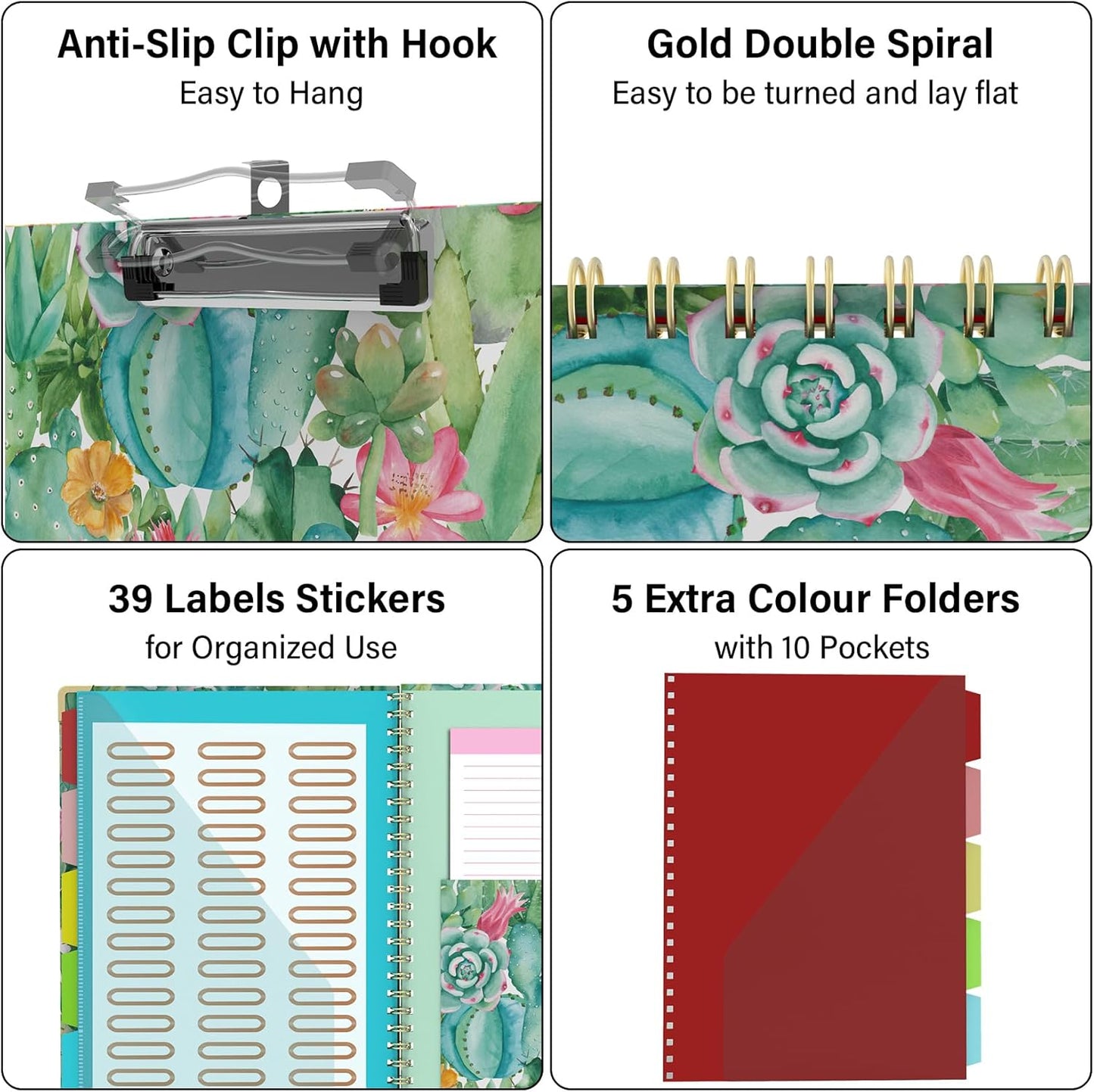Foldable Clipboard Folio with Storage, 5 Plastic Folders with 10 Pockets,Refillable Lined Notepad (11" x 8.5"), Hardcover Project Organizer Nursing Teacher School Essentials(Cactus Flowers)