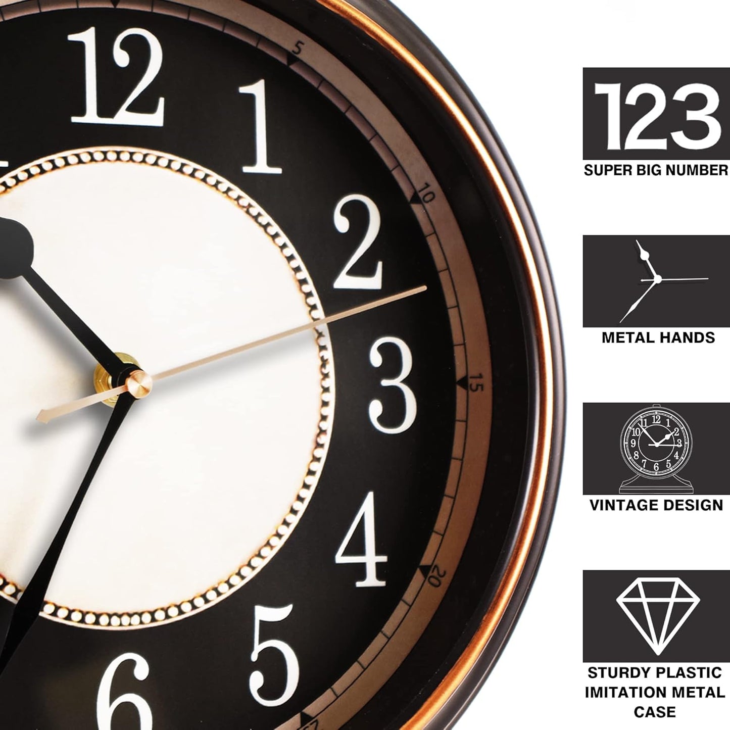 AYRELY® Vintage Desk Clock Silent-Non-Ticking 10-inch dial Table Clock,Retro Mantel Clocks and Easy to Read for Living Room, Bedroom, Shelf Decoration, Fireplace, Farmhouse Decor (Black)