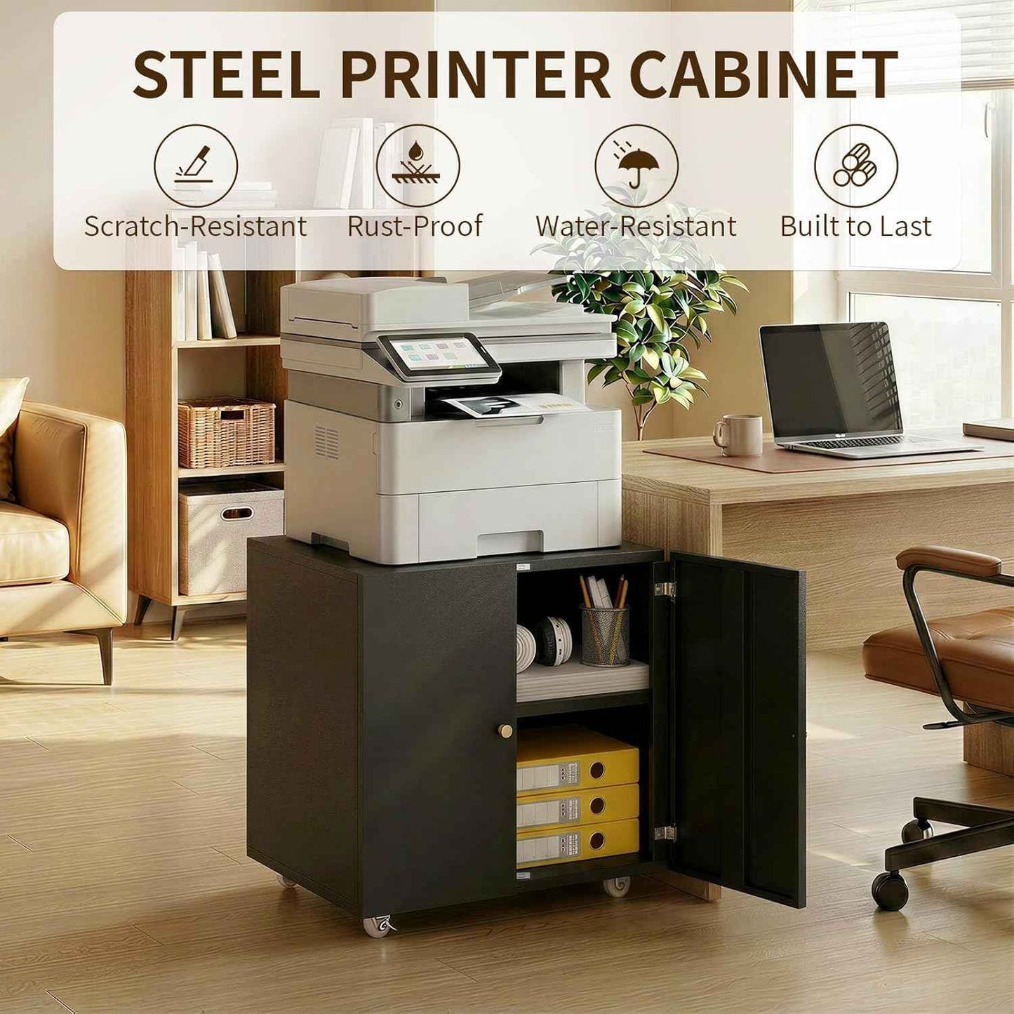 Metal Printer Stand with Storage Cabinet & Wheels, Heavy Duty Rolling Printer Cart with Adjustable Shelf, Large Printer Table for Home Office, Under Desk Printer Cabinet, Black 23.6” H