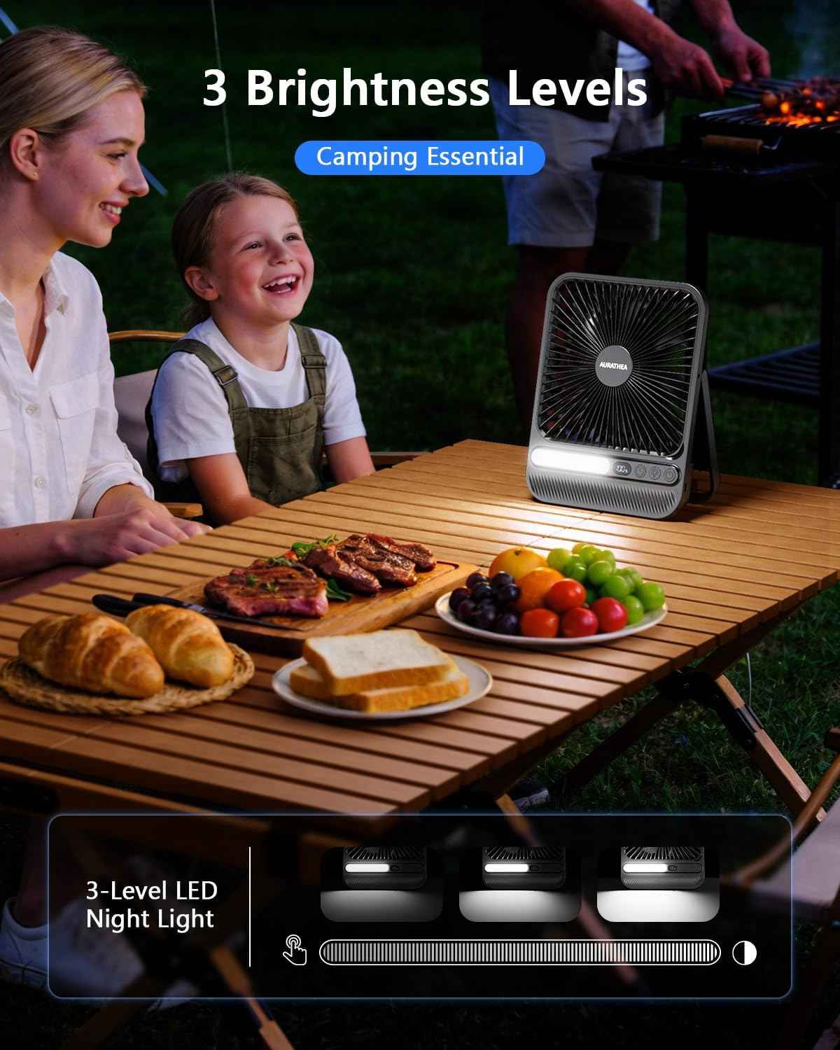10000mAh Travel Fan, 7“ Portable Desk Fan, Ultra-thin Rechargeable Camping Fan with LED Light, Display, Timer for Camping, Office, Bedroom, Outdoor, Cruise Ship Essentials