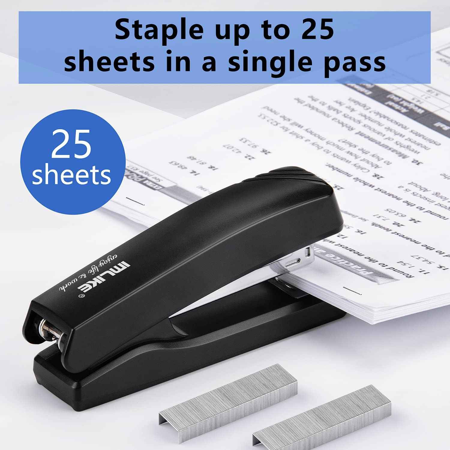 Desktop Office Stapler with 2000 Staples: IMLIKE Half Strip Desk Staplers, take 26/6 Staples 25 Sheets Capacity, Staple Remover, Non-Slip Base, Black, 2-Pack