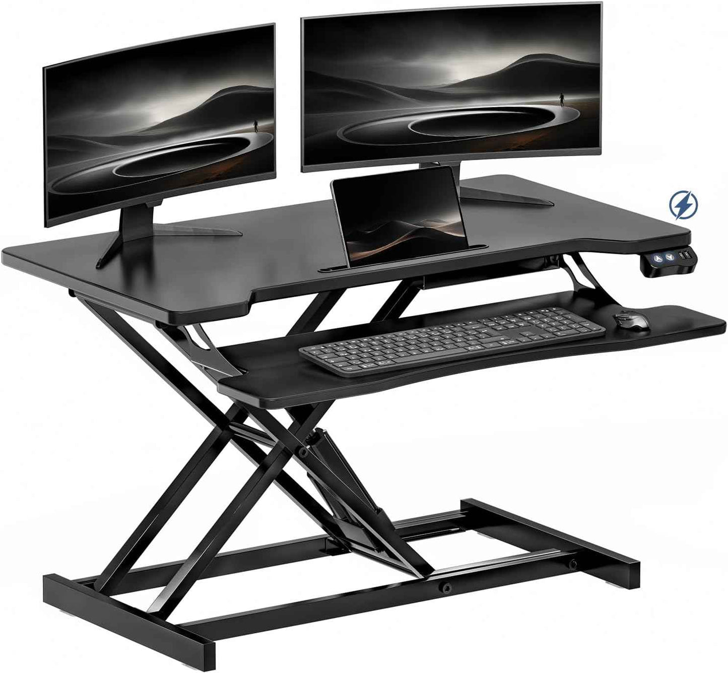 36" Electric Standing Desk Converter, Height Adjustable Sit to Stand Up Desk Riser with Wide Keyboard Tray, Dual Monitor and Laptop Motorized Desktop Workstation for Home & Office, Black