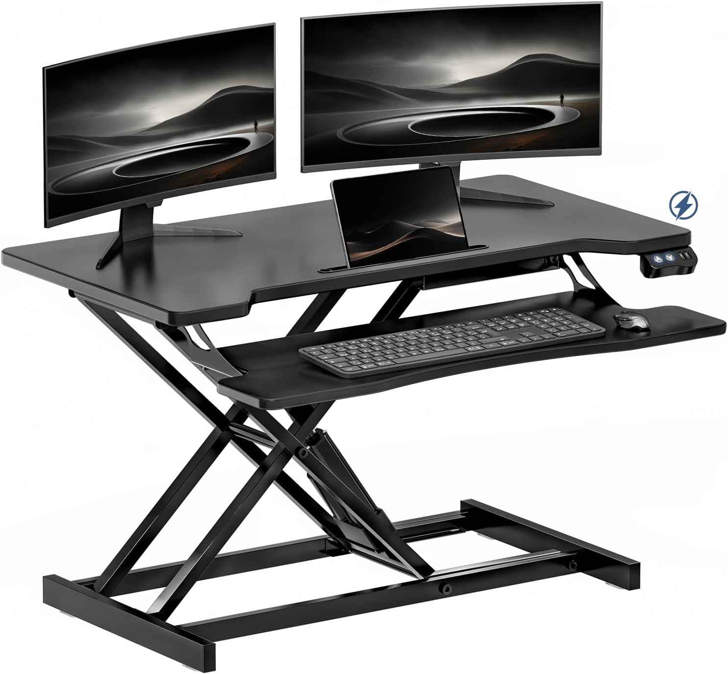 36" Electric Standing Desk Converter, Height Adjustable Sit to Stand Up Desk Riser with Wide Keyboard Tray, Dual Monitor and Laptop Motorized Desktop Workstation for Home & Office, Black