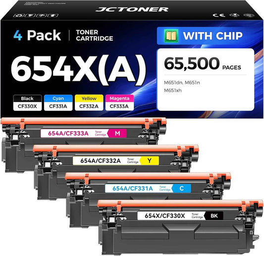 654X 654A Toner Cartridge 4-Pack High Yield Replacement for HP 654X 654A CF330X CF331A CF332A CF333A Compatible with HP Color LaserJet Enterprise M651dn M651n M651xh Printers Black Cyan Yellow Magenta