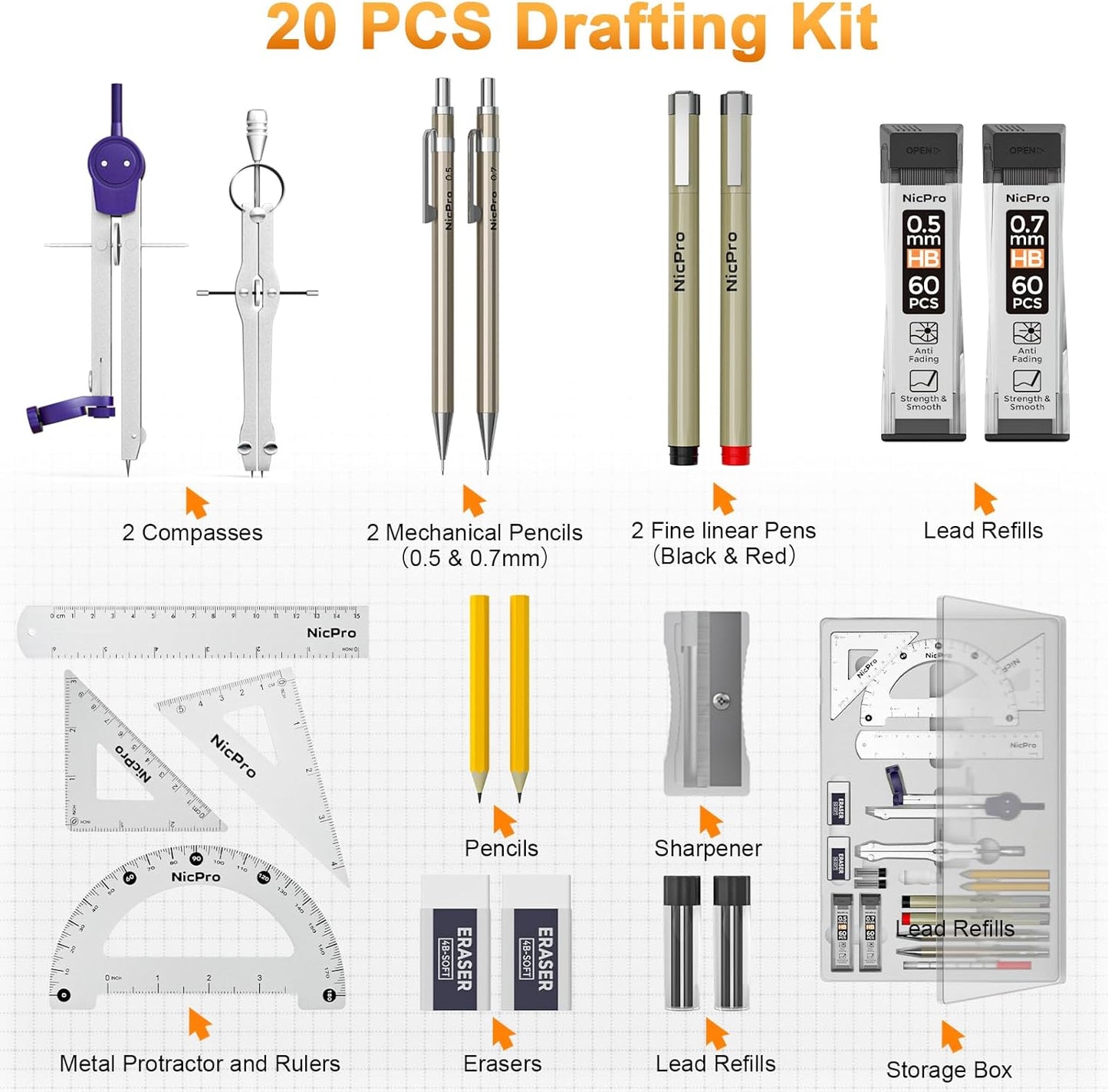 Nicpro 20PCS Professional Geometry Set with Case, Drafting Tools with Protractor and Compass, Metal Rulers, Triangles, Pens, Pencils, Drawing Supplies, Drafting Kit for Architect Engineer Students