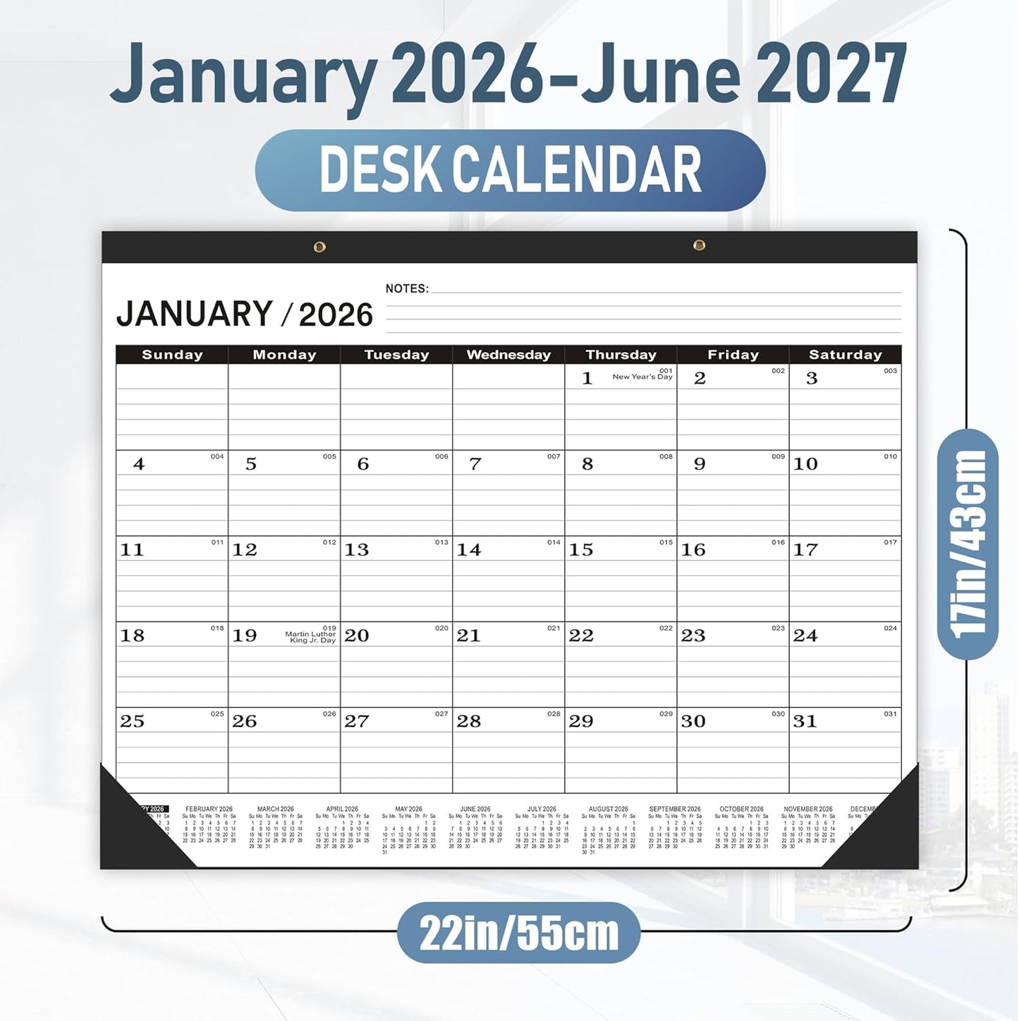 Desk Calendar 2026 Large 22x17,January 2026 to June 2027,Desk calendar 2026, Calendar 2026 with PVC Cover,Round Holes& NOTES List (Black),18 Months -3 PACK 2026 Desk Calender.