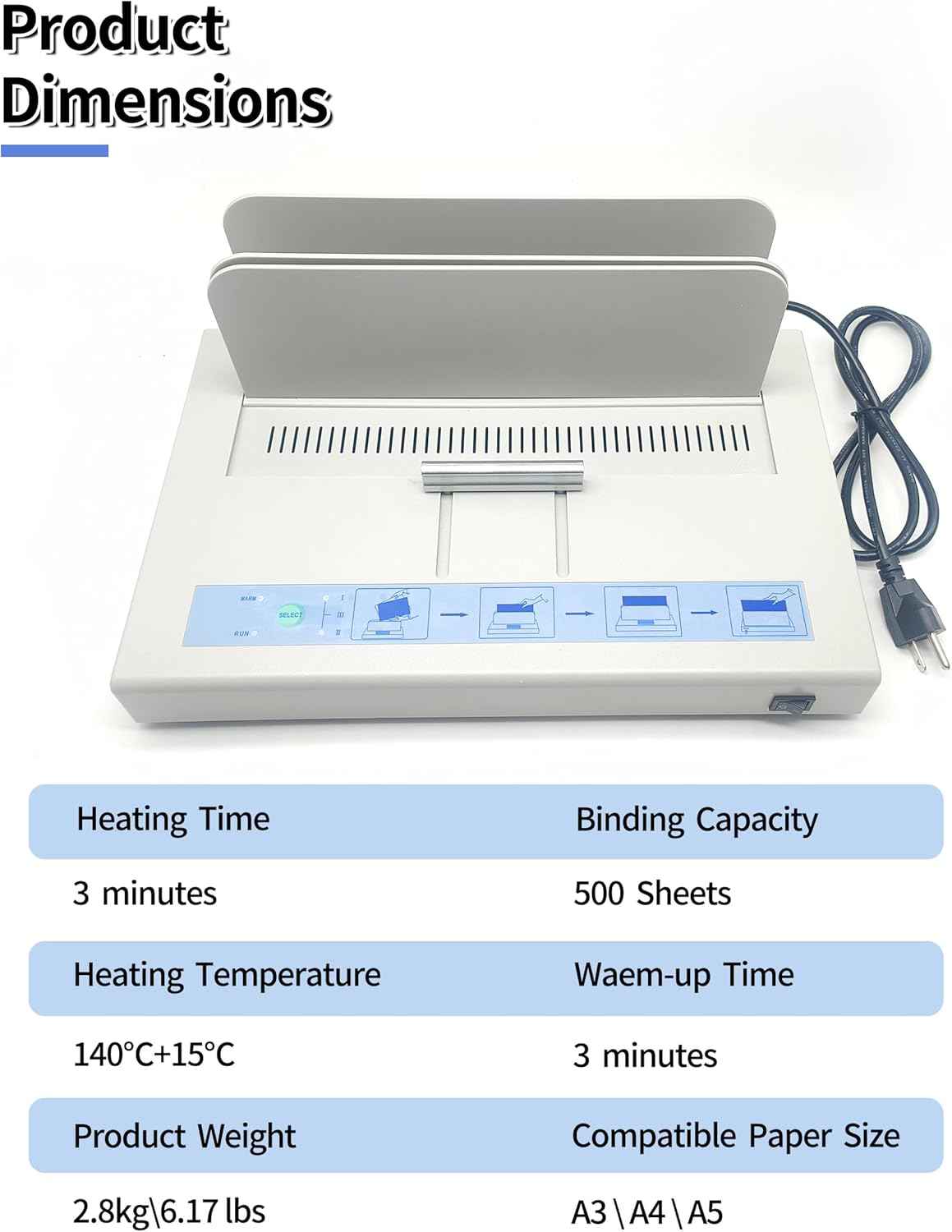 Thermal Binding Machine, 500 Sheets Capacity 50mm Thickness - 110V Hot Melt Binder Compatible with A3(Short Edge)/A4/A5/A6 Documents