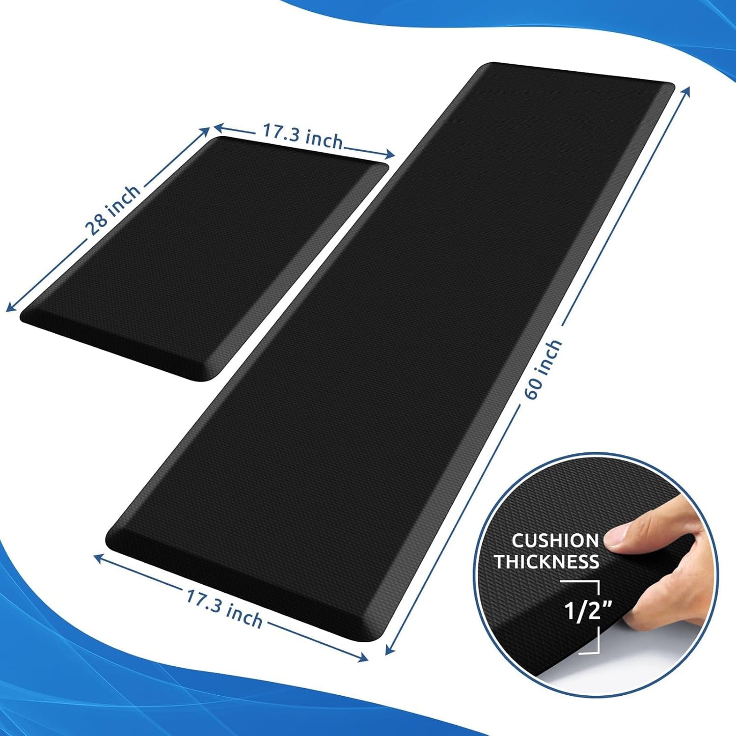 KitchenClouds 2PCS Kitchen Rugs Cushioned Anti-Fatigue Non-Slip Waterproof Kitchen Mat Comfort Foam Standing Mat for Floor Office Sink Laundry (Black) - Lumora Desk