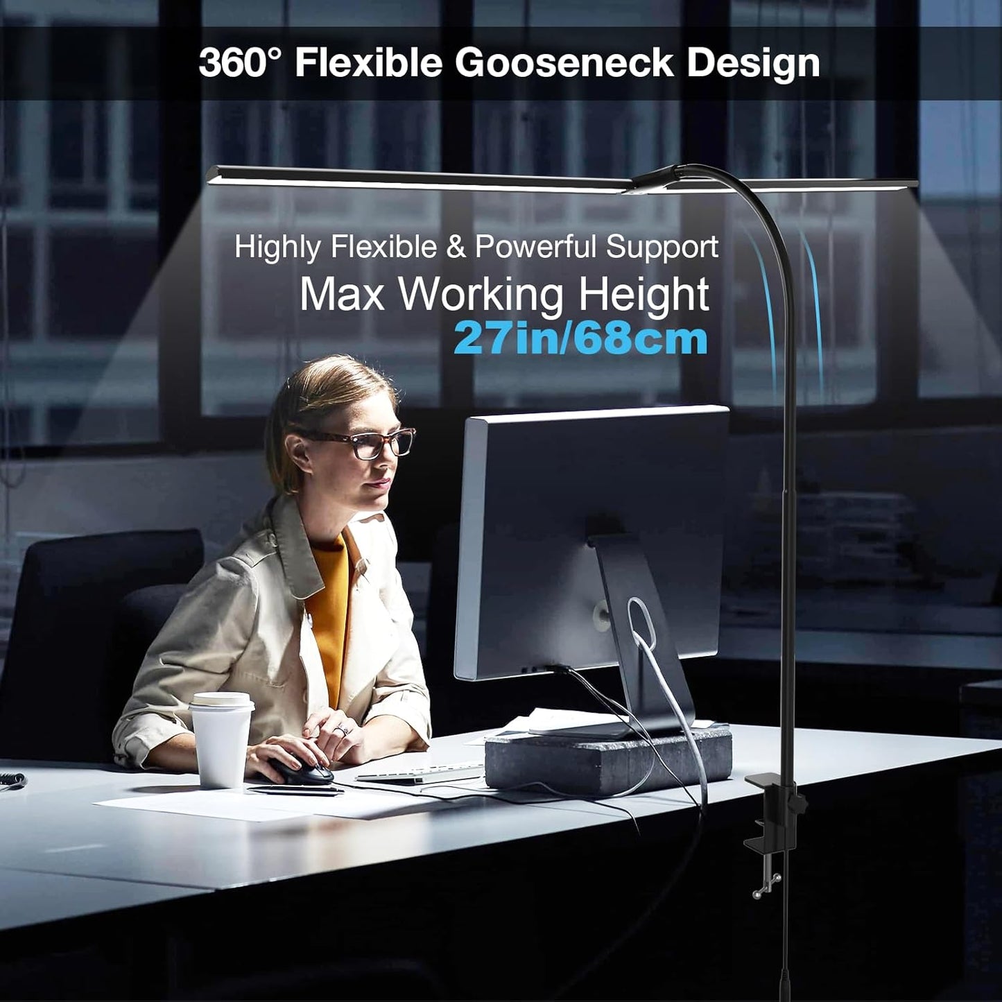 Desk Lamp for Office Home, 31.5" Desktop Lighting Bar with Gooseneck, Clip on Desk Light with Clamp, Bright Dimmable Table Lamp for Study, Work, Computer, Monitor, Reading - Lumora Desk