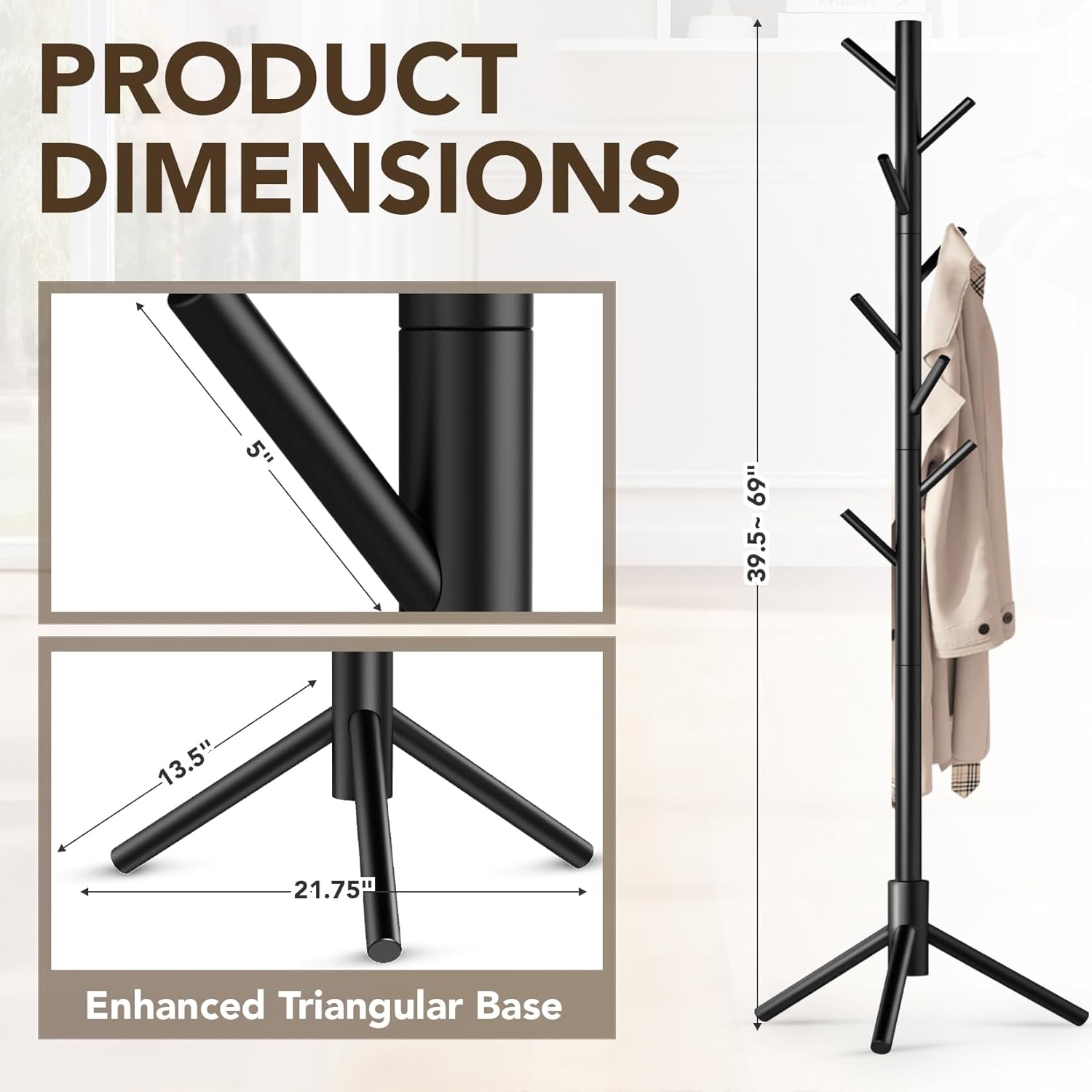 Wooden Tree Coat Rack Stand,Sturdy Freestanding Coat Rack with 8 Hooks,3 Adjustable Height for Child Adult,Wood Coat Stand Tree Fits Entryway Bedroom Office for Bags,Hats - Lumora Desk