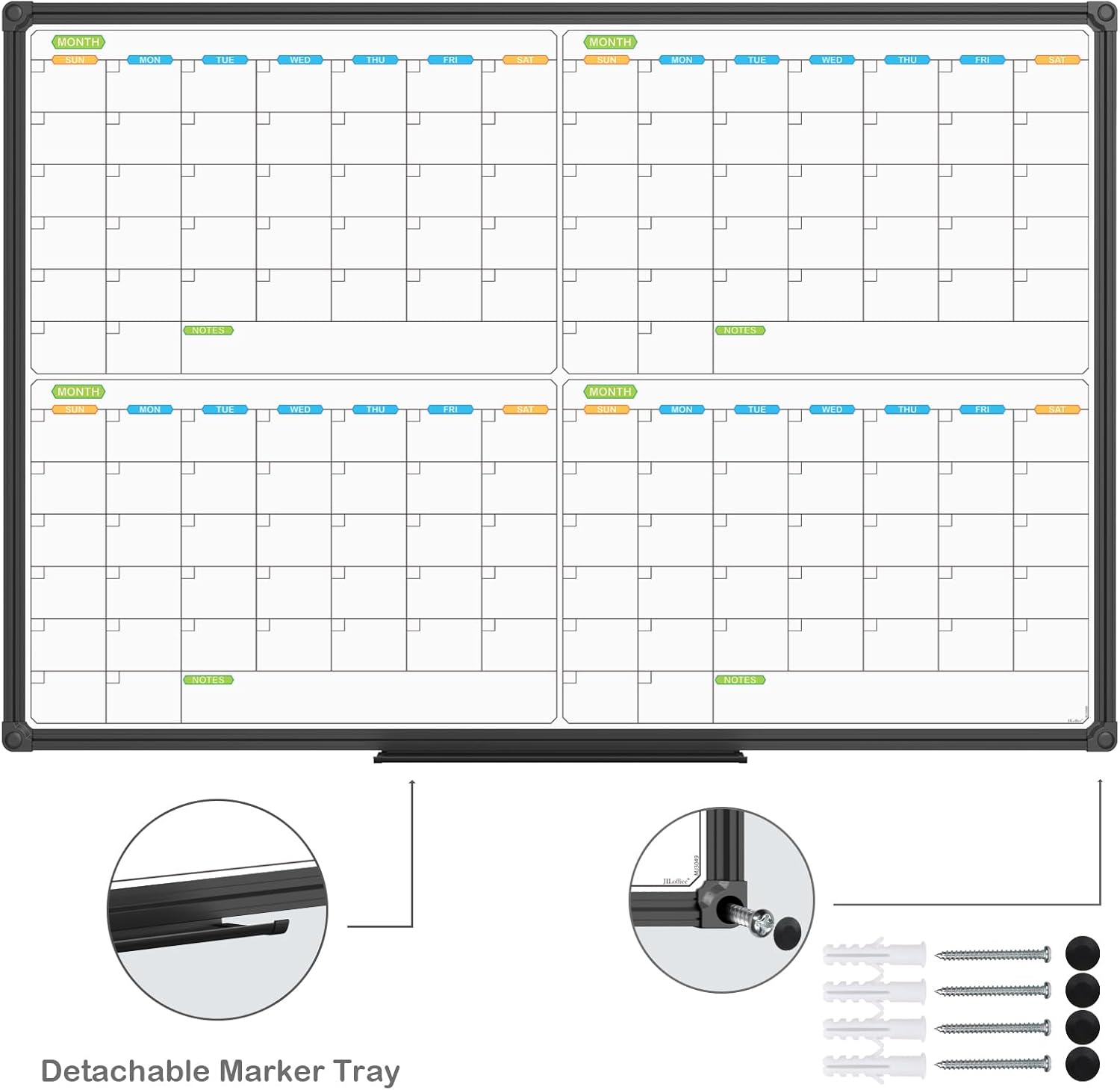 JILoffice Magnetic Dry Erase Calendar Whiteboard, 4 Month White Board Planner 36 X 24 Inch, Black Aluminum Frame Wall Mounted Board for Office Home and School - Lumora Desk