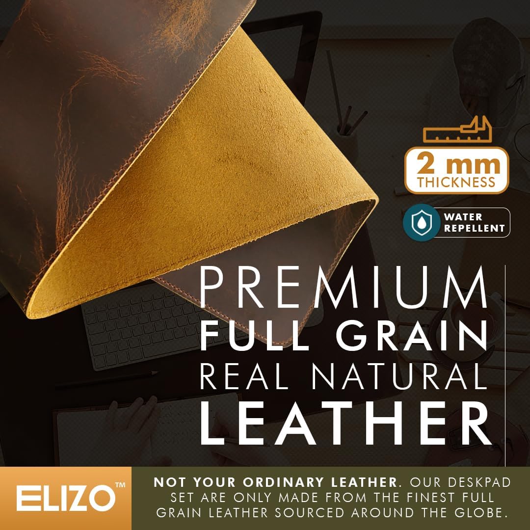 Elizo Real Leather Desk Mat Set (32x16) Large Desk Cover Desk Blotter Protector Computer Gaming Mouse Pad Table Laptop Office Desktop Accessories