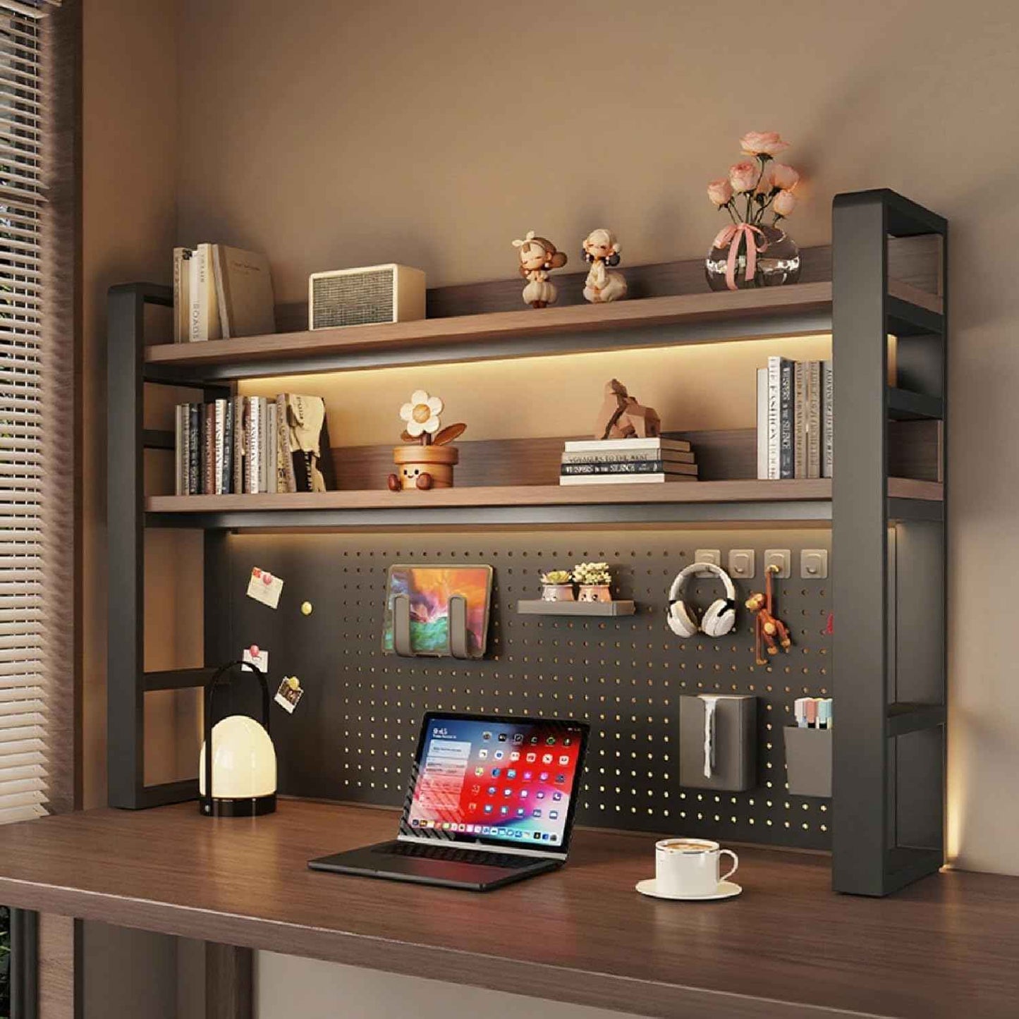 Desk Shelf Organizer for Top of Desk – Desktop Bookshelf with Pegboard & Storage Accessories, Adjustable Hutch for Dorm or Office, Steel Frame Display S Black frame + dark brown board 29.5*9.8*36.6in