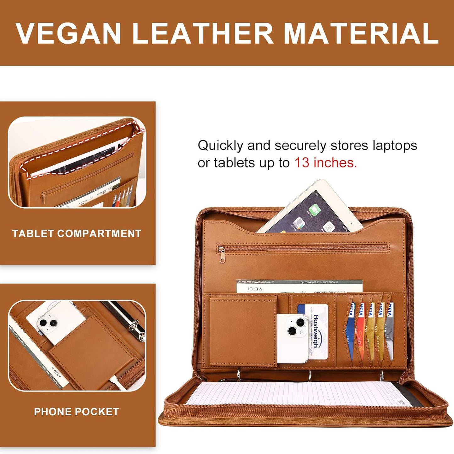 Leathario Portfolio Binder, Includes 10 Sheet Protectors and 3 Notepads, 3-Ring Folder Organizer, A4 Padfolio with Zipper, Vegan Leather Tablet Sleeve, Business Office Conference Clipboards
