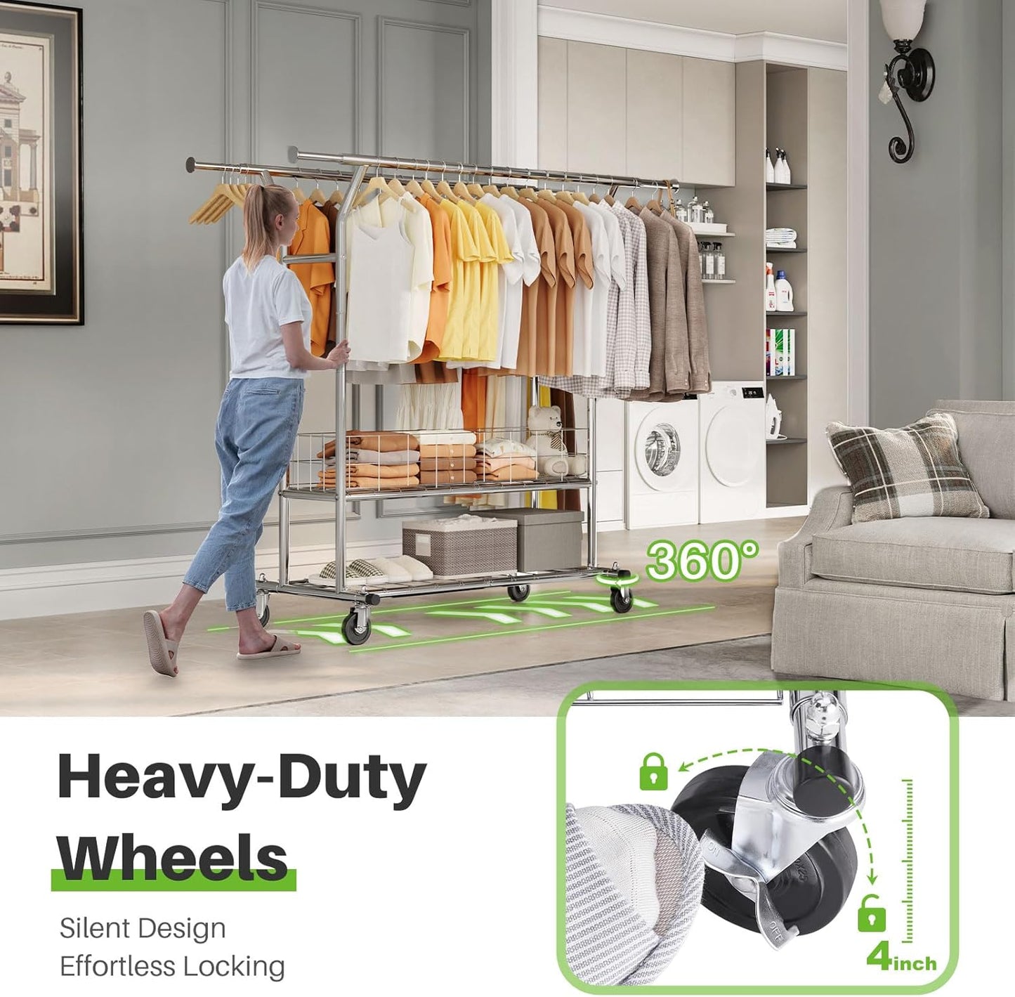 HOKEEPER Heavy Duty Clothes Rack Load 635 LBS, Clothing Rack for Hanging Clothes Adjustable Rolling Garment Rack with Wheels for Bedroom, Living Room (Double Rod with Metal Basket)