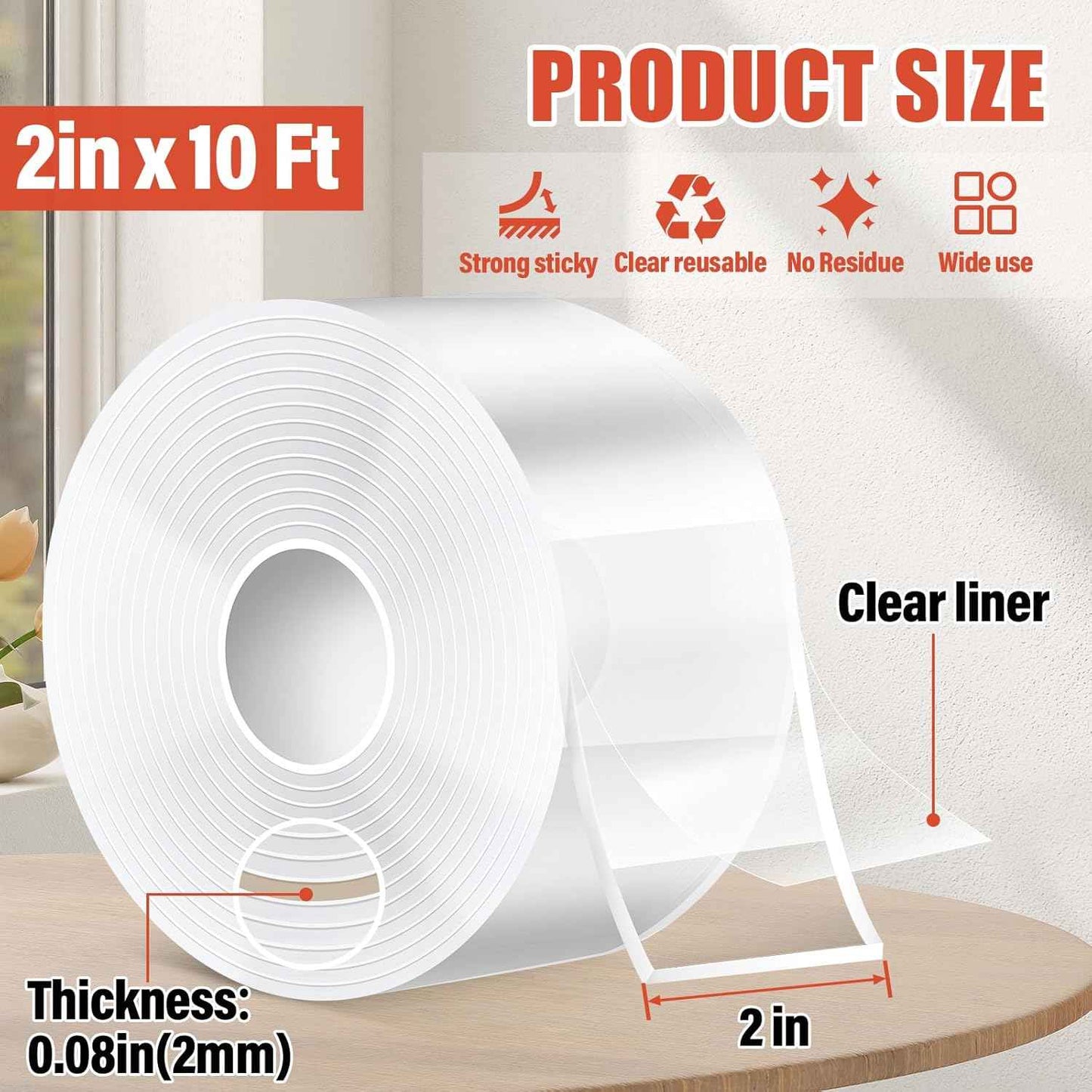 Navona 2In x 10Ft Double Sided Nano Tape, Heavy Duty Removable Transparent Mounting Tape for Walls, Home, Office, Kitchen – Multipurpose Reusable Adhesive Tape