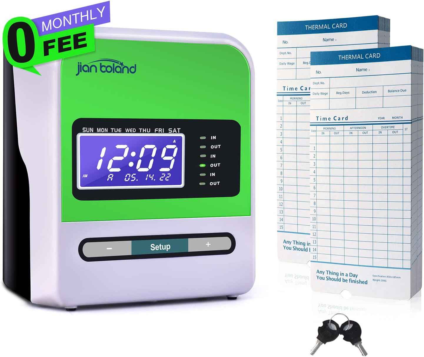 Employee Thermal Time Clock for Small Business | in/Out Punch Clock, No Ink Ribbon No Network Required, Includes 50 Time Cards & 2 Keys, 0 Monthly Fee