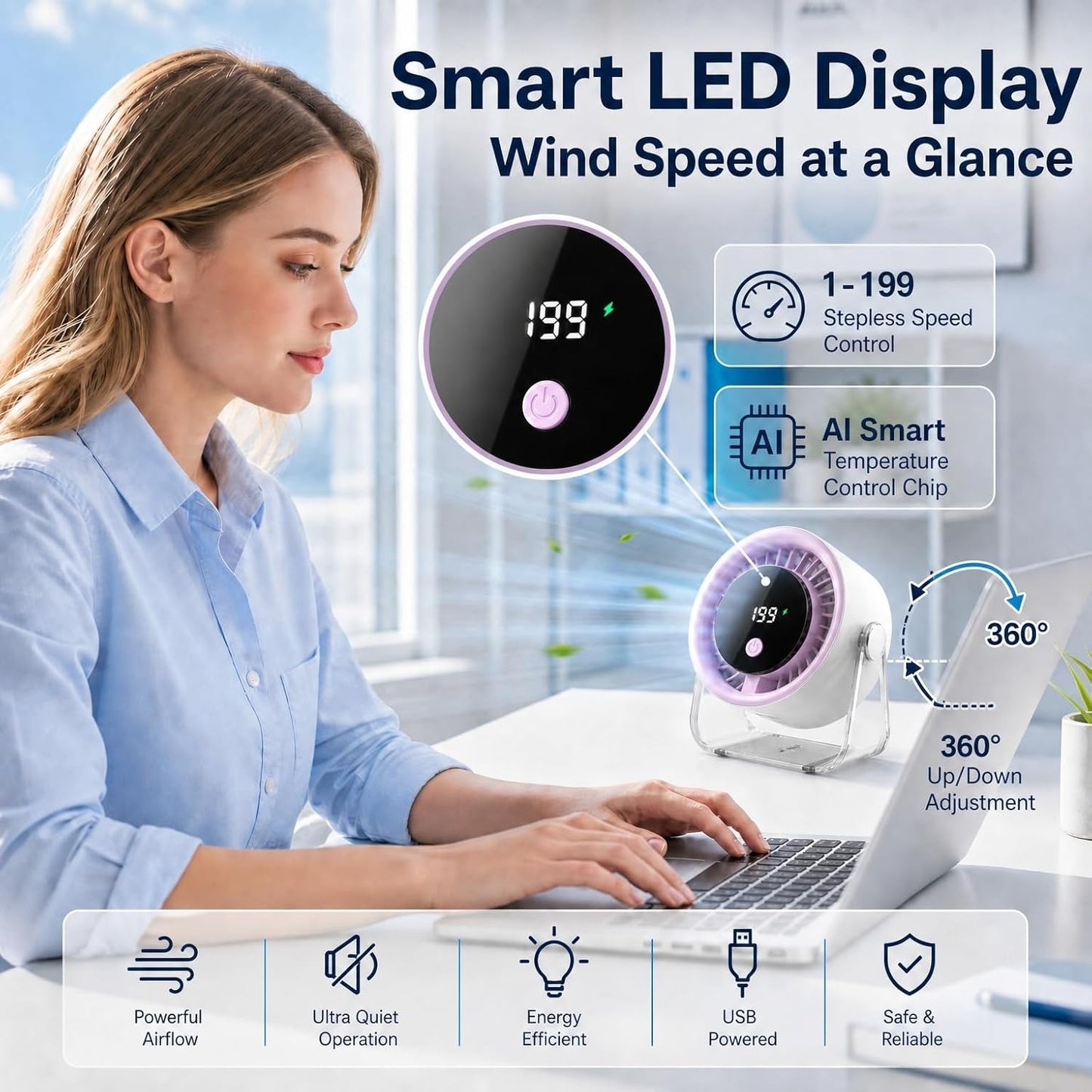 Coolking Portable Desk Fan for Bedroom, 199 Speeds Rechargeable USB Table Fan with 4000mAh Battery, 360° Rotation, LED Display, Quiet Wall-Mountable Personal Cooling Fan for Home Office (Purple)