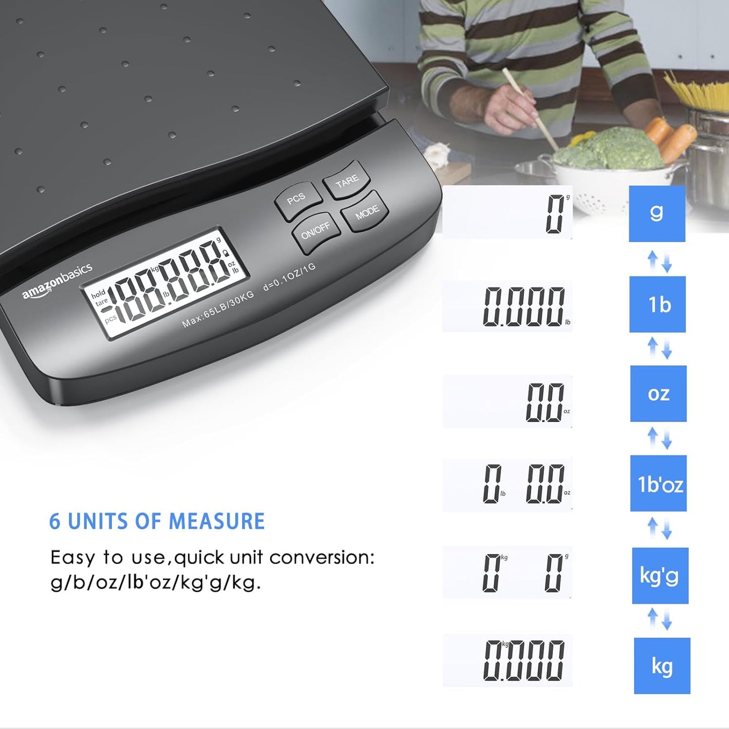 Amazon Basics Digital Postal Scale, AC Adapter, 65 lb Capacity, 0.1 oz Readability, Black - Lumora Desk