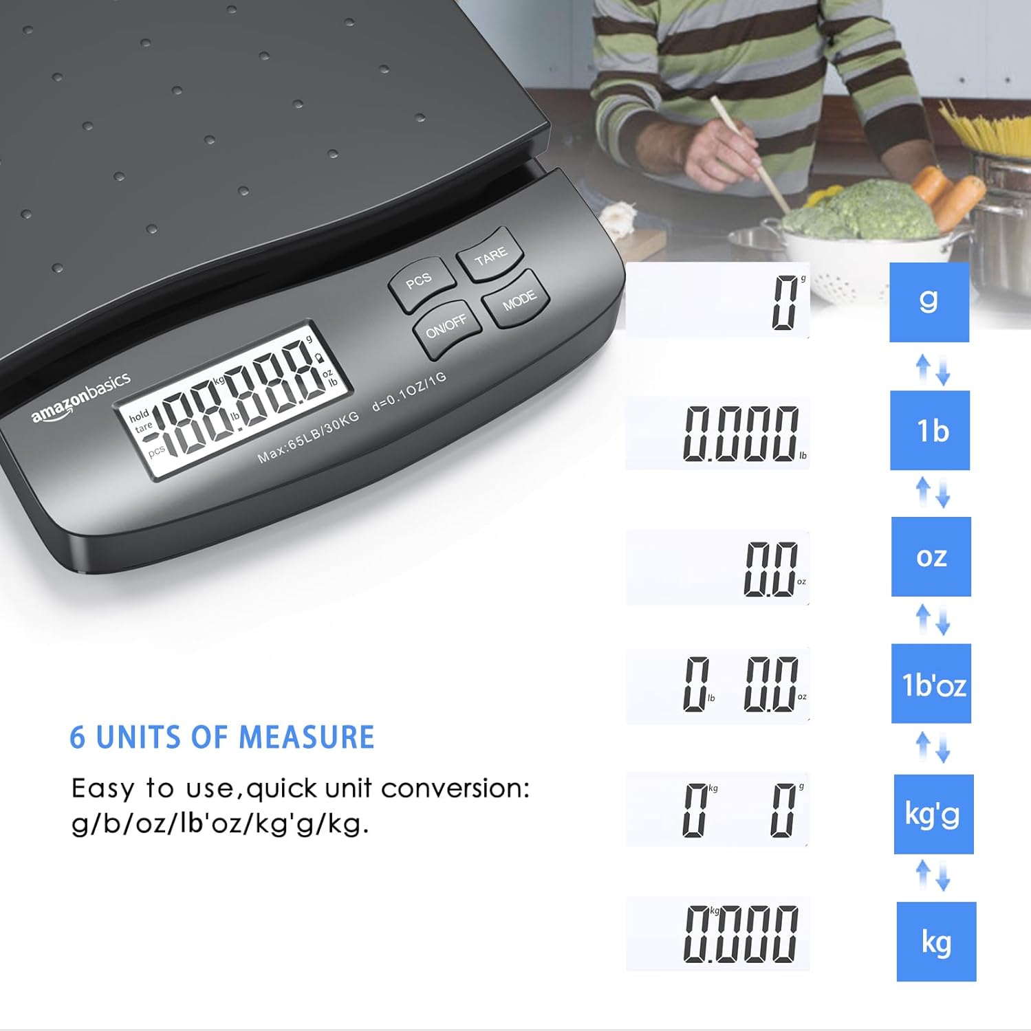 Amazon Basics Digital Postal Scale, AC Adapter, 65 lb Capacity, 0.1 oz Readability, Black - Lumora Desk