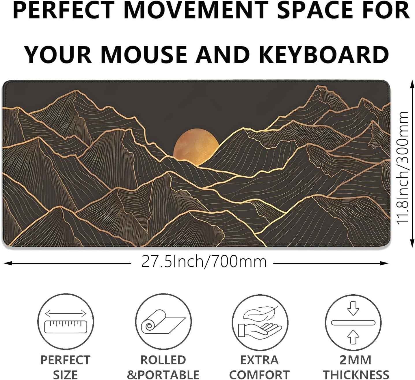 Gold Mountains Mouse Pad Desk Pad,Extended Gaming Mouse Mat with Stitched Edges Non-Slip Waterproof Rubber Base Mous Mat for Office,Computer,Keyboard,Laptop and Home Desk Pad(27.5X11.8 in)