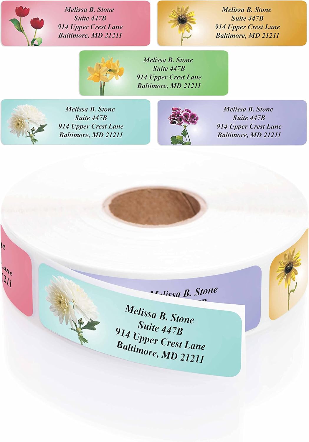 Garden Blossoms Designer Assorted Rolled Address Labels with Elegant Plastic Dispenser - Lumora Desk