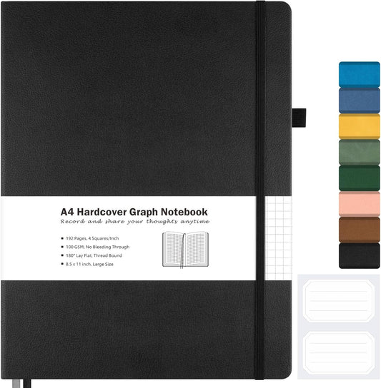 Graph Paper Notebook, Hardcover Notebook 8.5 x 11, Grid Notebook Journal for Women, Men, Large Leather Journals for Writing, Thick Paper, A4 Notebooks for Work, School Supplies, Engineering Black