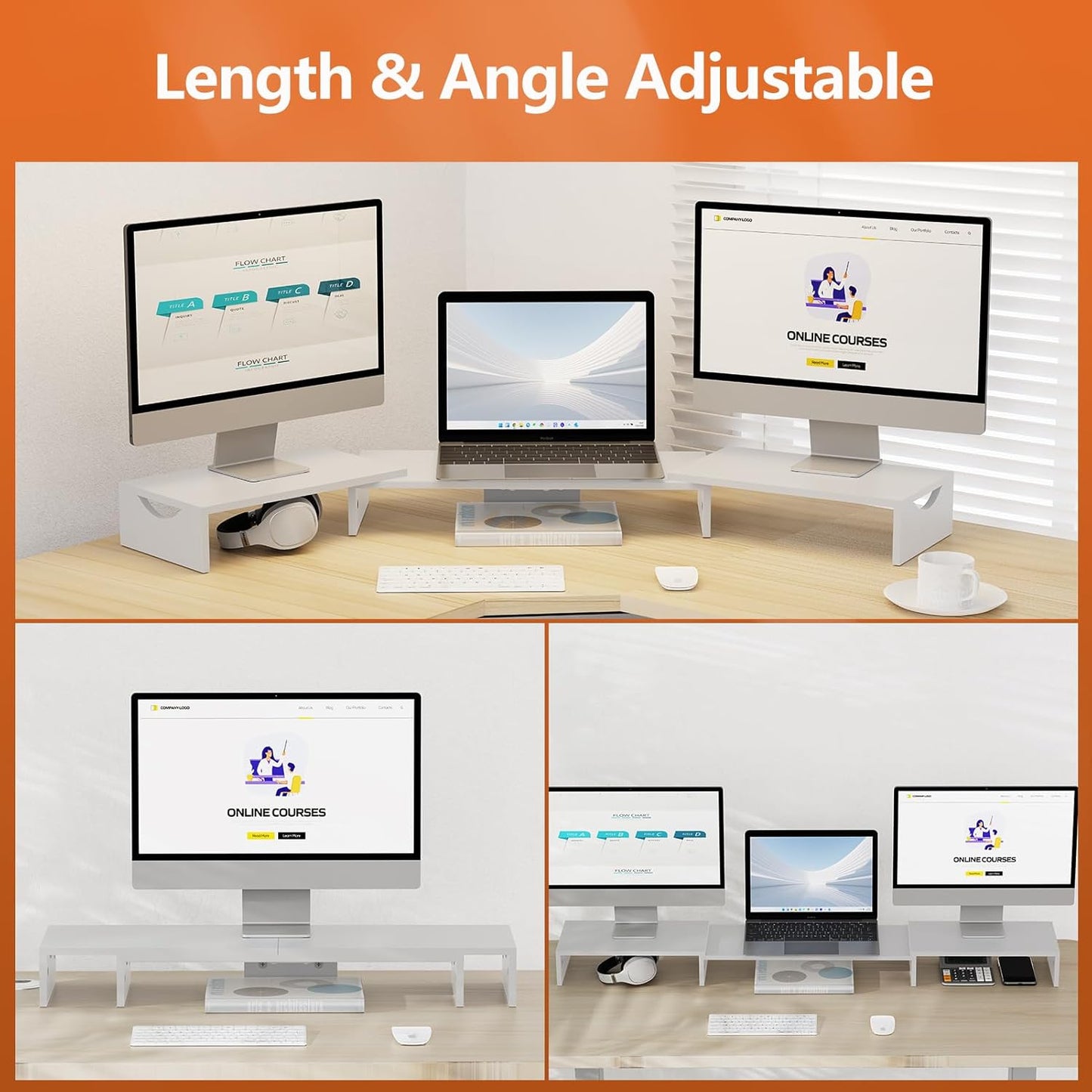 Triple Monitor Stand Riser, Extra Long Monitor Lift for 3 Monitors, Dual Monitor Stand with Length and Angle Adjustable