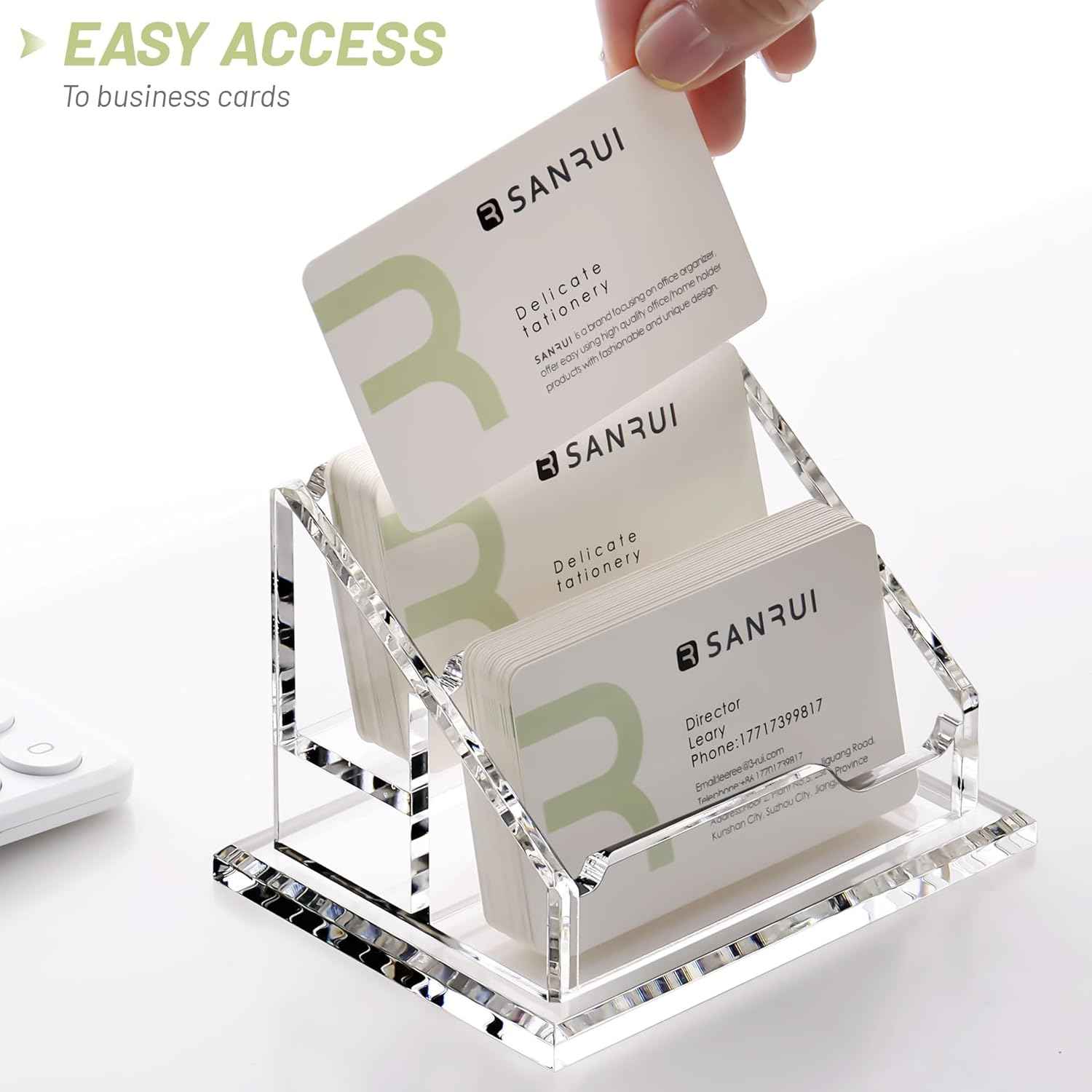 SANRUI Business Card Holder for Desk, Clear Acrylic Business Cards Holder, Business Card Holder Case, Business Card Display Stand, Multiple Business Card Holder for Table-2 Slots 2 Tiers