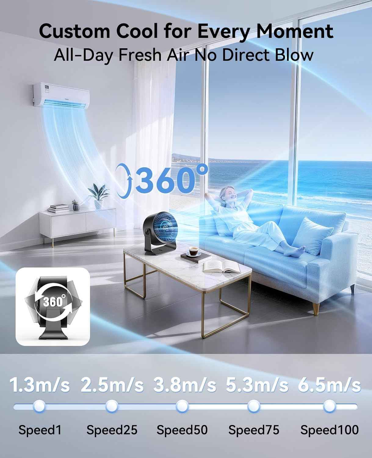 DIGIX Rechargeable USB Desk Fan for Bedroom, 100 Speeds, 360° Rotation, Wall Mounted Design Small Portable Table Fan with LED Display, Quiet Personal Desktop Cooling Fans for Home Office (Black)