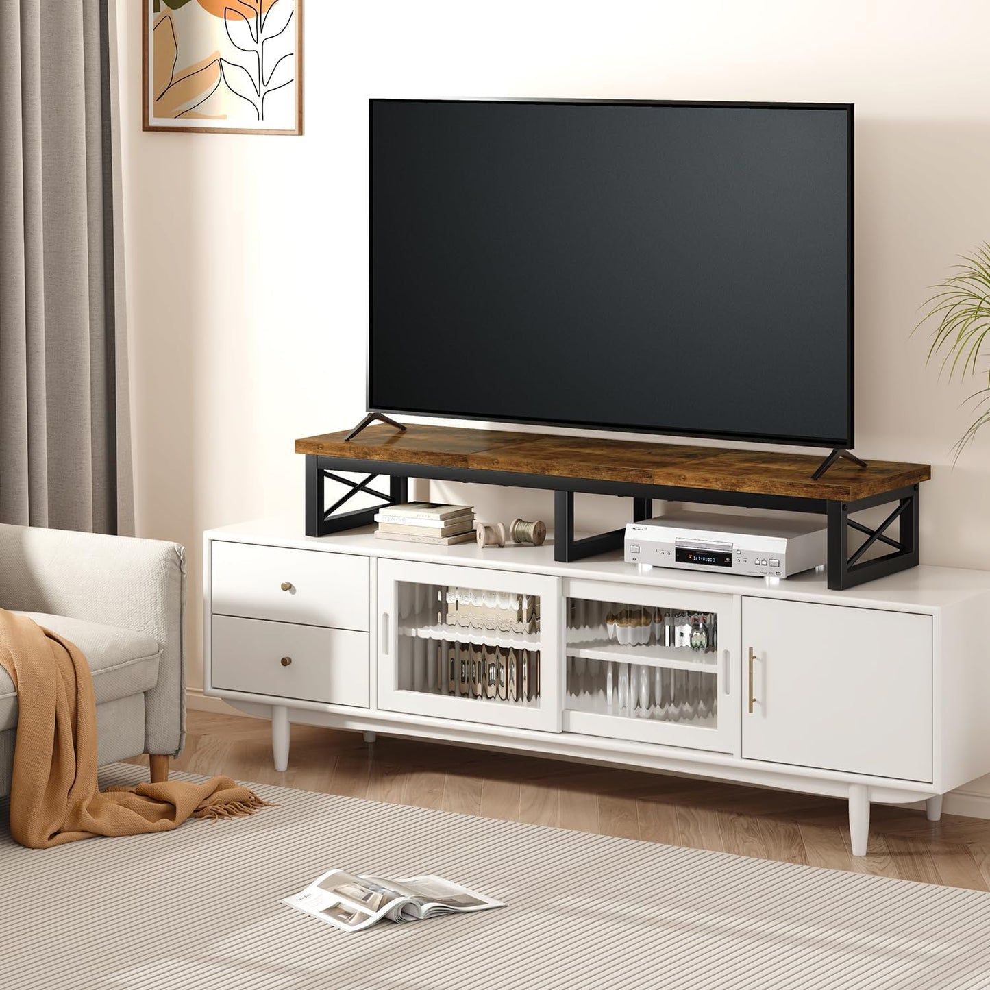 IBUYKE 45" Large TV Riser for 32-60 inch TV,Tabletop Short TV Stand with Storage and Steel Legs,Dual Screen Office Desk,Stand Riser,TV Riser Stand for Home,Bedroom,Living Room,Rustic Brown TVT002H