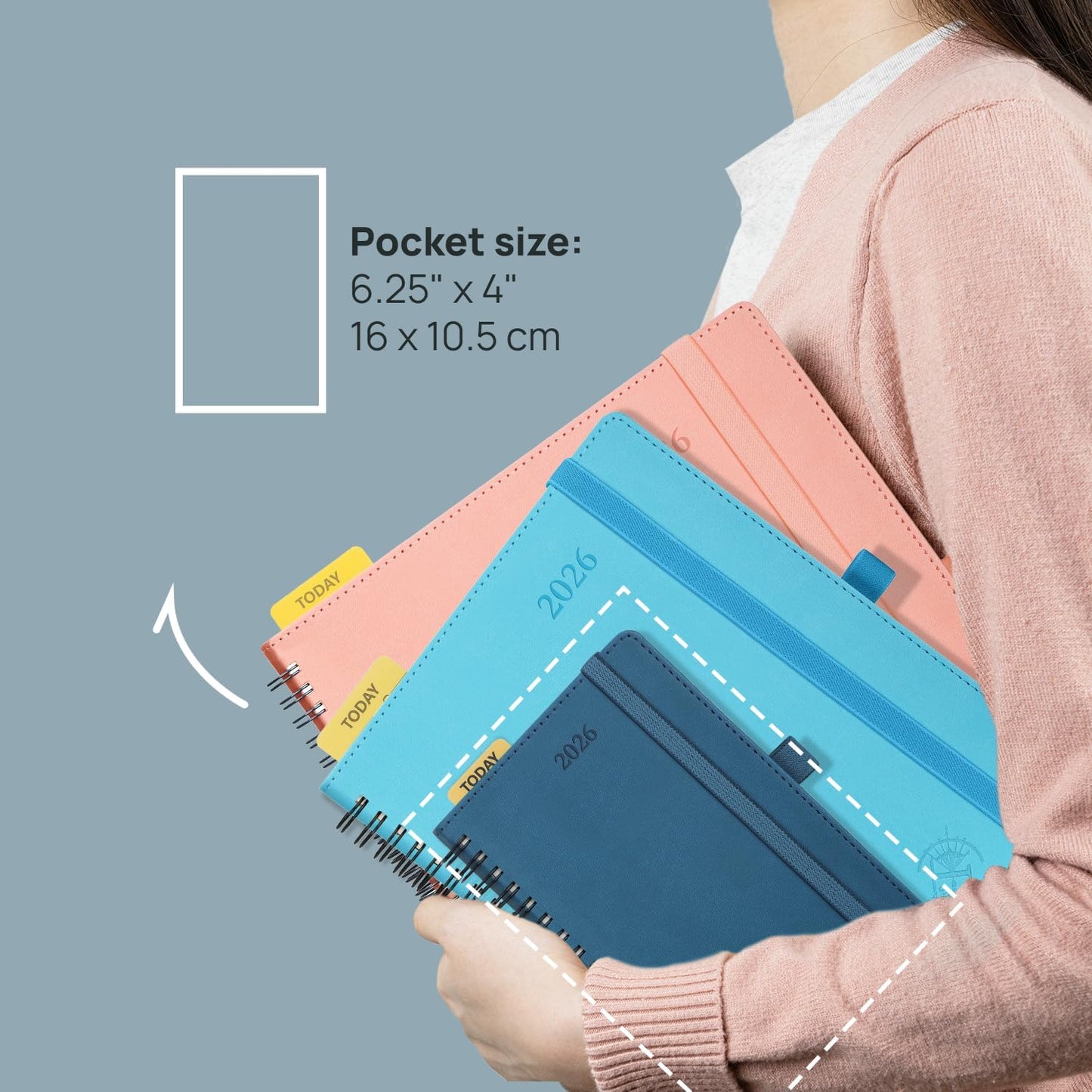 POPRUN Pocket 2026 Planner (Small Size- 4'' x 6.25'') Weekly and Monthly for Purse - Calendar 2026 (Jan. 2026 - Dec.2026) with Soft Cover, Plastic Ruler - Blue Green