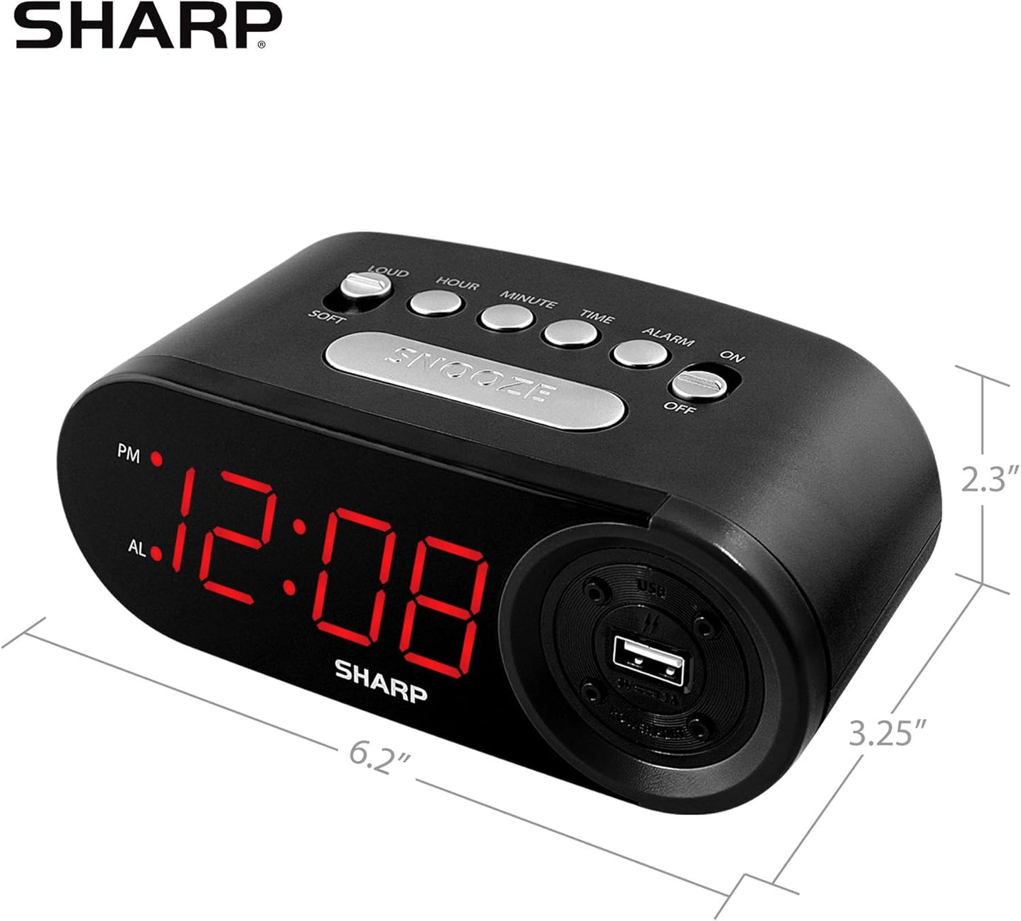 Sharp Digital Easy to Read Alarm Clock with 2 AMP High-Speed USB Charging Power Port - Charge Your Phone, Tablet with a high Speed Charge! Simple, Easy to Use Operation, Midnight Black