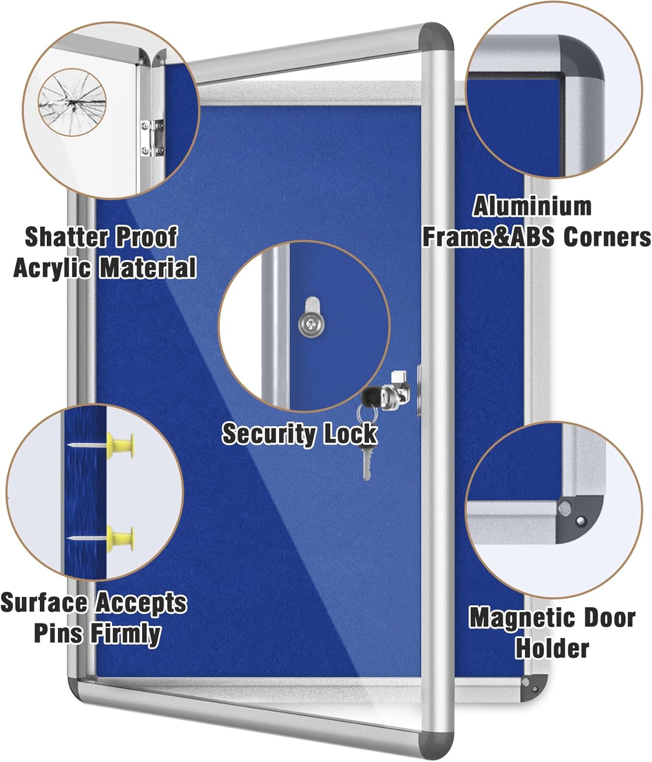 26"x20" Enclosed Bulletin Board, Lockable Weather-Resistant Aluminum Cork Noticeboard for School & Office, Silver Frame w/Blue Flet
