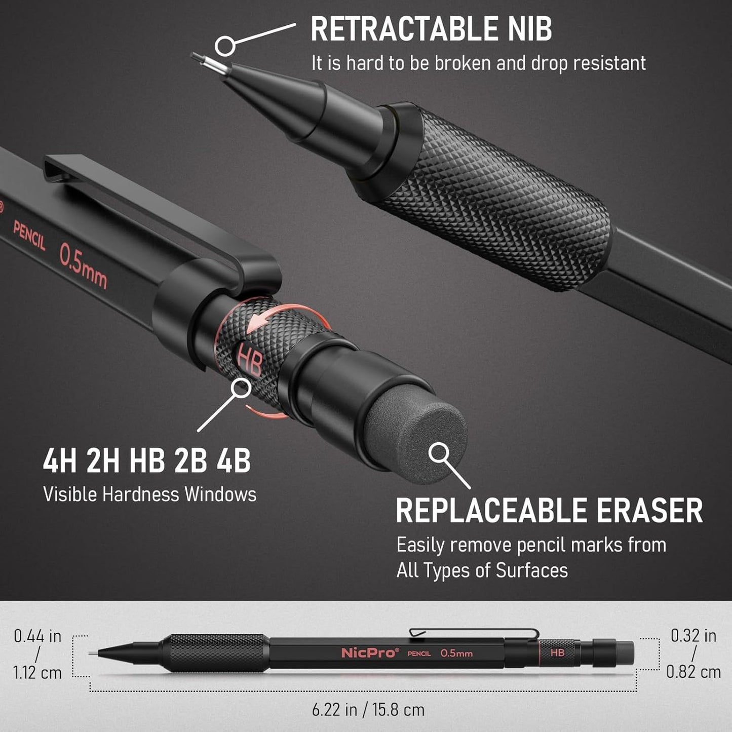 Nicpro Metal Mechanical Pencil Set, 3PCS Art Drafting Pencil 0.5, 0.7, 0.9MM & 2PCS 2MM Mechanical Drawing Pencils with 126 Lead(4B 2B HB 2H 4H Color) Weatherproof Barrel for Writing Sketching Drawing