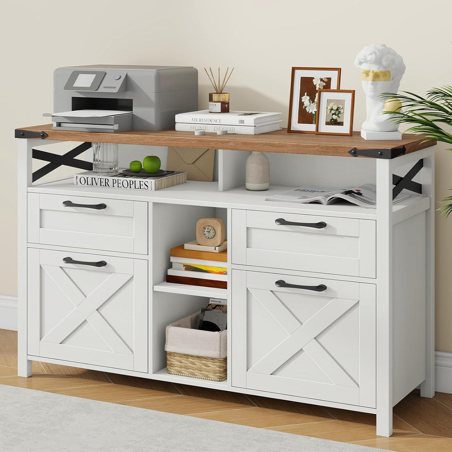 Farmhouse Filing Cabinet with Adjustable Shelf for Home Office, Lateral File Cabinets 4 Drawers with Open Storage Shelf, Filing Organization Storage Cabinets for Hanging Files Letter/A4.