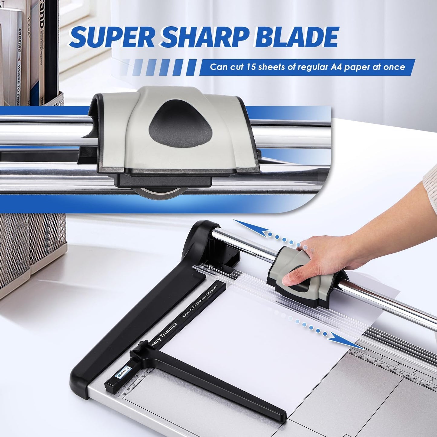 Rotary Paper Trimmer, 15 Sheets Heavy Duty Paper Trimmer, 360mm(14.17") Cutting Length, Commercial Grade Rotary Paper Cutter for Home/Office/School, Black & Silver