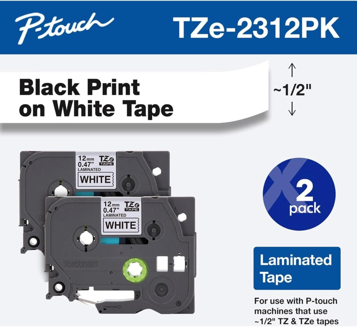 Brother Genuine P-Touch, TZe-231 2 Pack Tape (TZE2312PK) ½”(0.47”) x 26.2 ft. (8m) 2 Count (Pack of 1) Laminated P-Touch Tape, Black on White