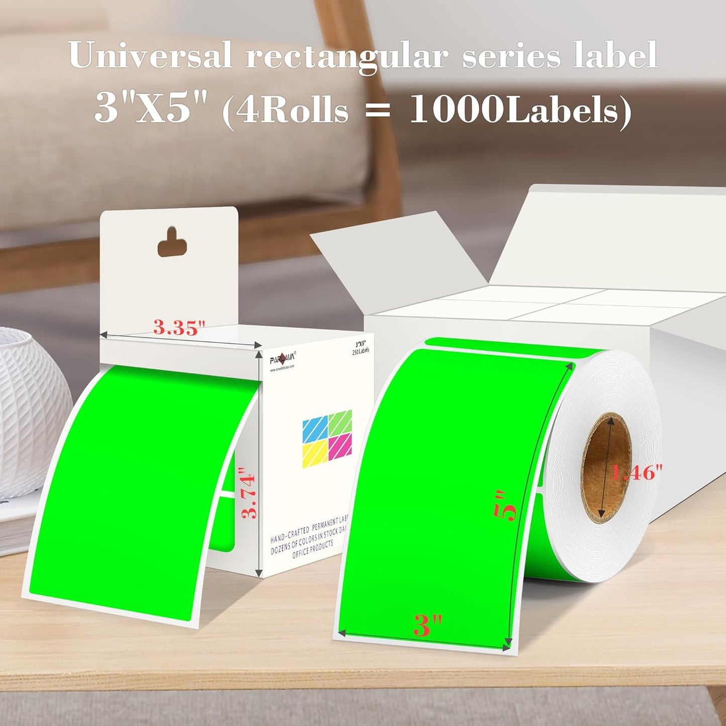 PARLAIM 3x5 inch Rectangle Color Code Stickers, 1000PCS 4 Rolls Square Adhesive Inventory Label, Fluorescent Green