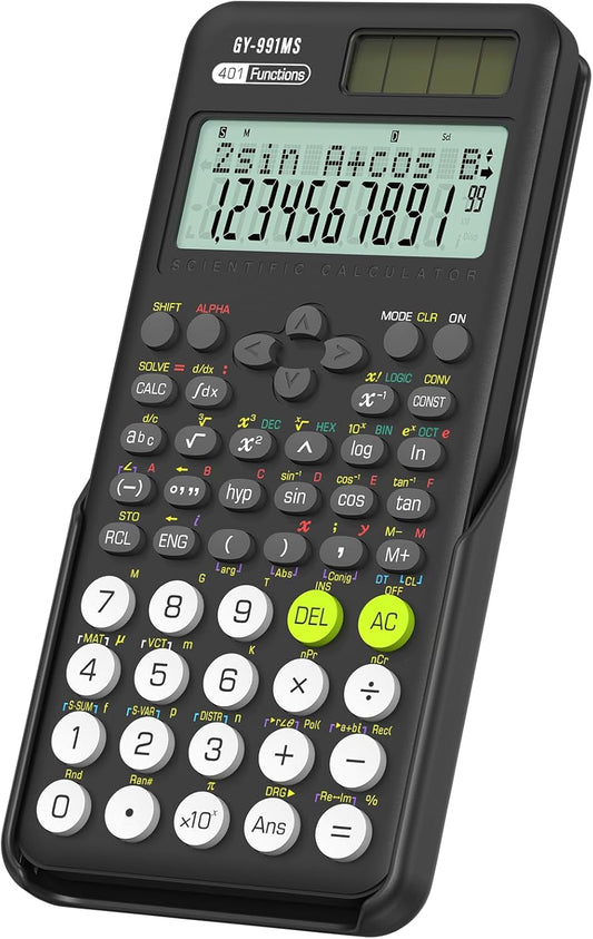 Scientific Calculator School Supplies, ROATEE 991MS 401 Functions 2-Line Display Desktop Calculator with Sliding Cover, Solar Battery Dual Power Kawaii for Middle High School Student and Teacher Black