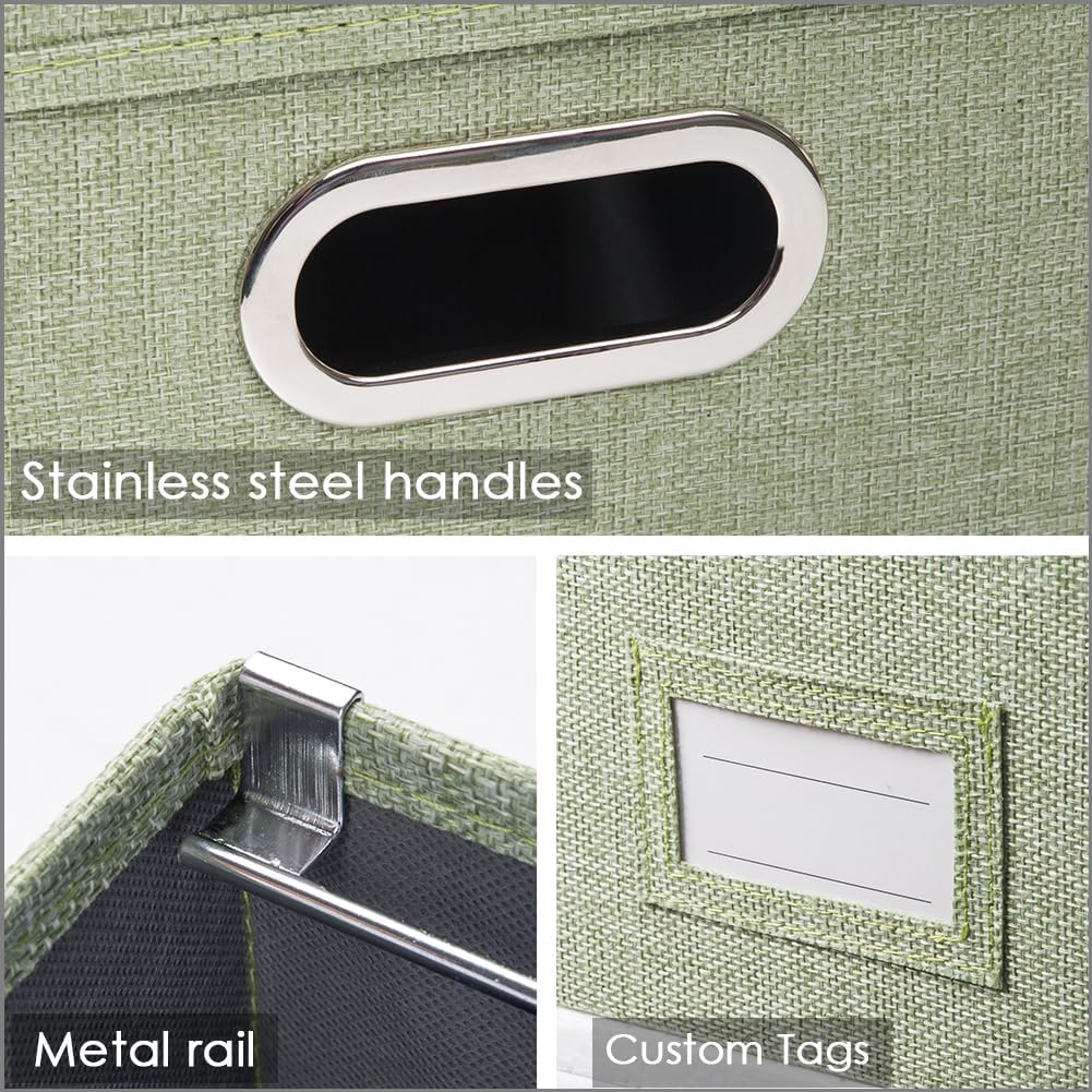 PRANDOM File Organizer Box - Set of 2 Collapsible Decorative Linen Filing Storage Hanging File Folders with Lids Office Cabinet Letter Size Green (14x9.3x10.8 inch)