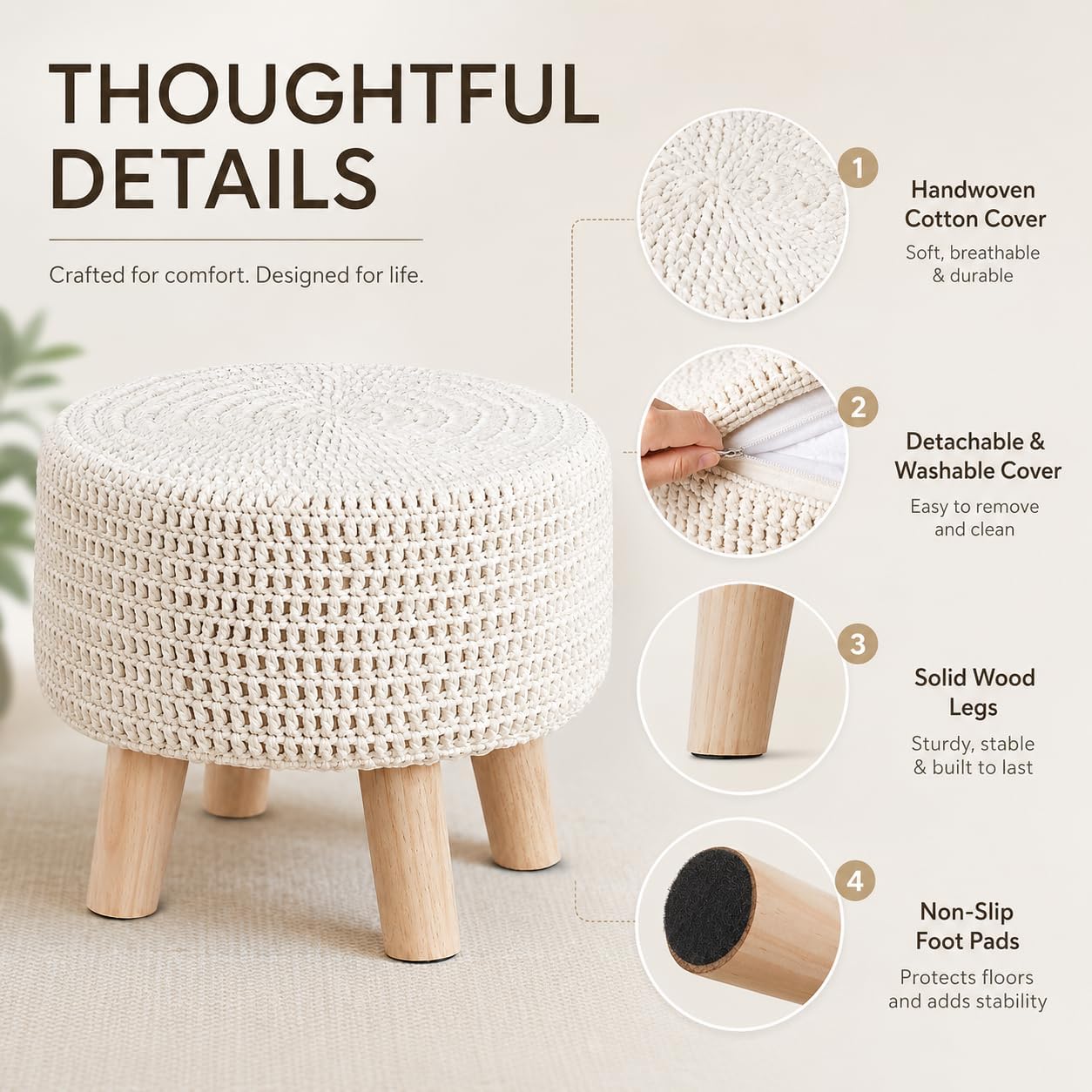 Wimarsbon Pouf Ottoman, 100% Cotton Knitted Boho Footstool, Round Footrest with Non-Skid Wood Legs, Home Décor Handmade Pouffe, Leisure Floor Step Stool for Living Room (Beige)