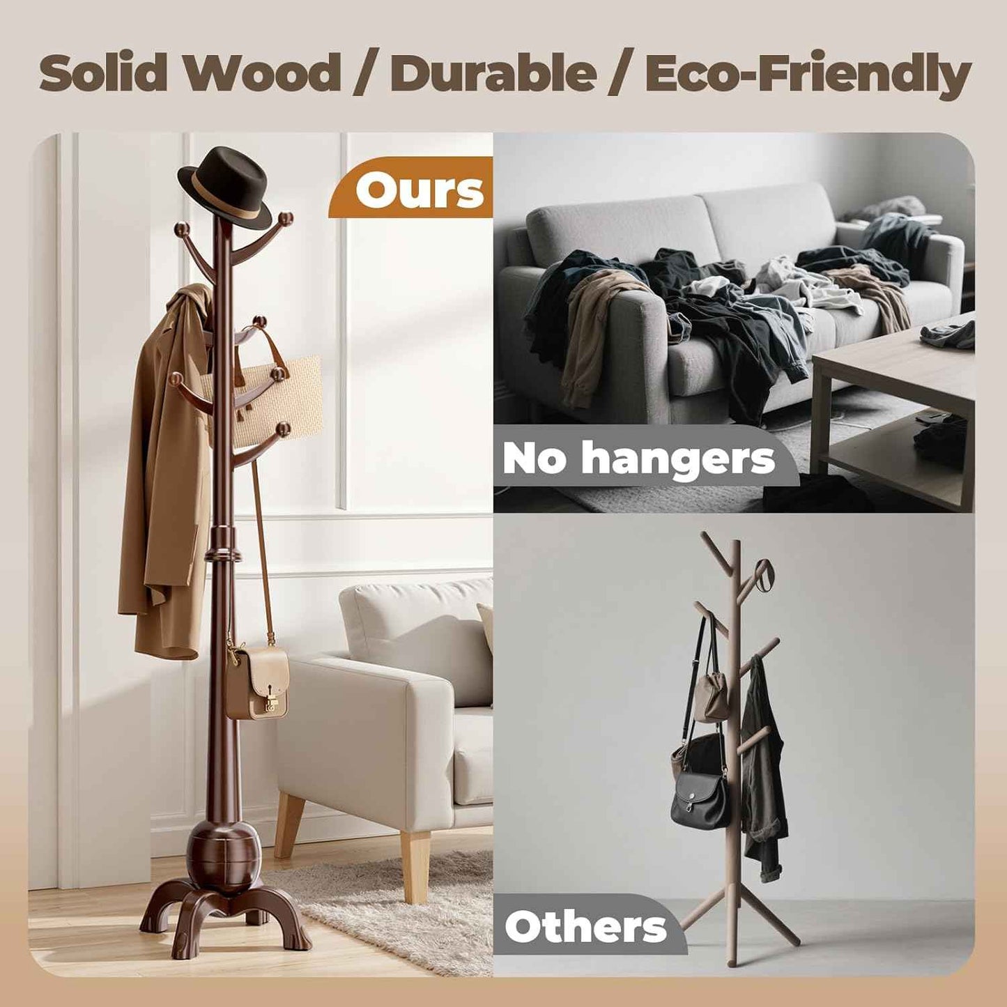 Wood Coat Rack Freestanding, Solid Wooden Hall Tree with 8 Hooks, Coat Tree Freestanding Heavy Duty with Stable Base, Entryway Hallway Bedroom Office Use, 240lbs Load Capacity H:71.6in (Walnut)