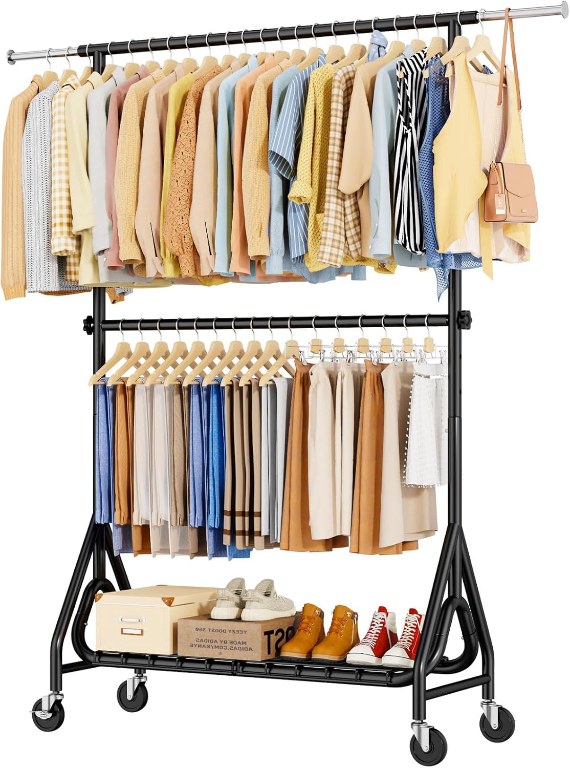 Double Rods Clothing Rack, Heavy Duty Clothes Rack for Hanging Clothes Load 560LBS, Metal Rolling Garment Racks with Wheels, Freestanding Clothes Hanging Racks, Black - Lumora Desk