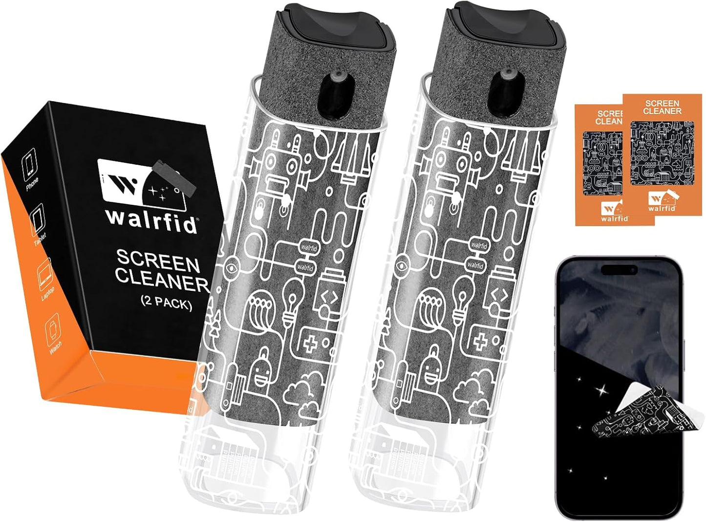 walrfid 2pcs Car Screen Cleaner, Computer Screen Cleaner Spray and Wipe, Laptop Cleaning Mist Kit for Electronic iPad, iPhone, Phone, MacBook, TV, Monitor, Tablet Display, with Graffiti Case, Grey