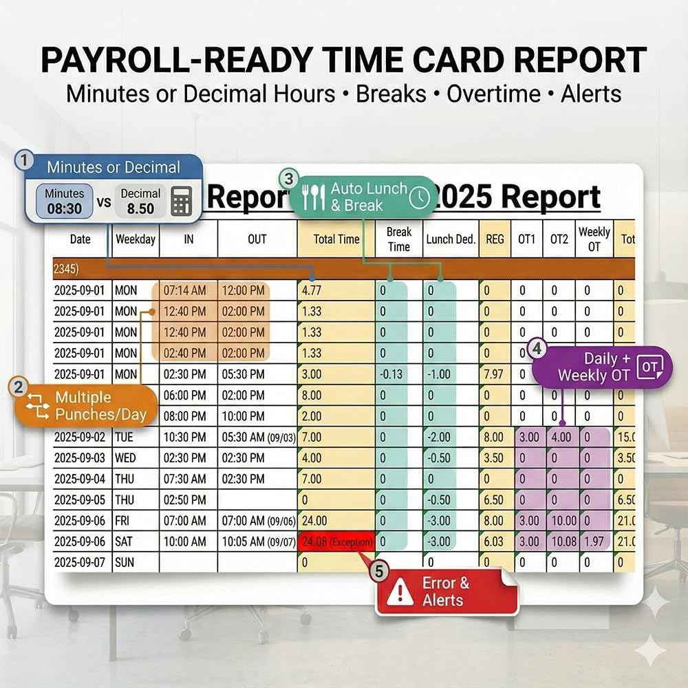 Time Clock System: App Control & 5s Fast Connection, Customizable Rules & 4 Payroll Reports, 10 IC Cards, No Monthly Fee Biometric Fingerprint Time Clocks for Employees Small Business