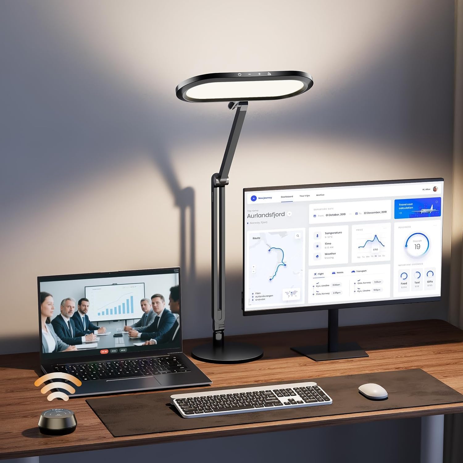 Eye-Caring Desk Lamp for Home Office – LED Soft Light with Knob Remote, Stepless Dimming & Color, Memory, Metal Table Lamp for Zoom, Studying, Video Conference, Flicker-Free, Glare-Free - Lumora Desk