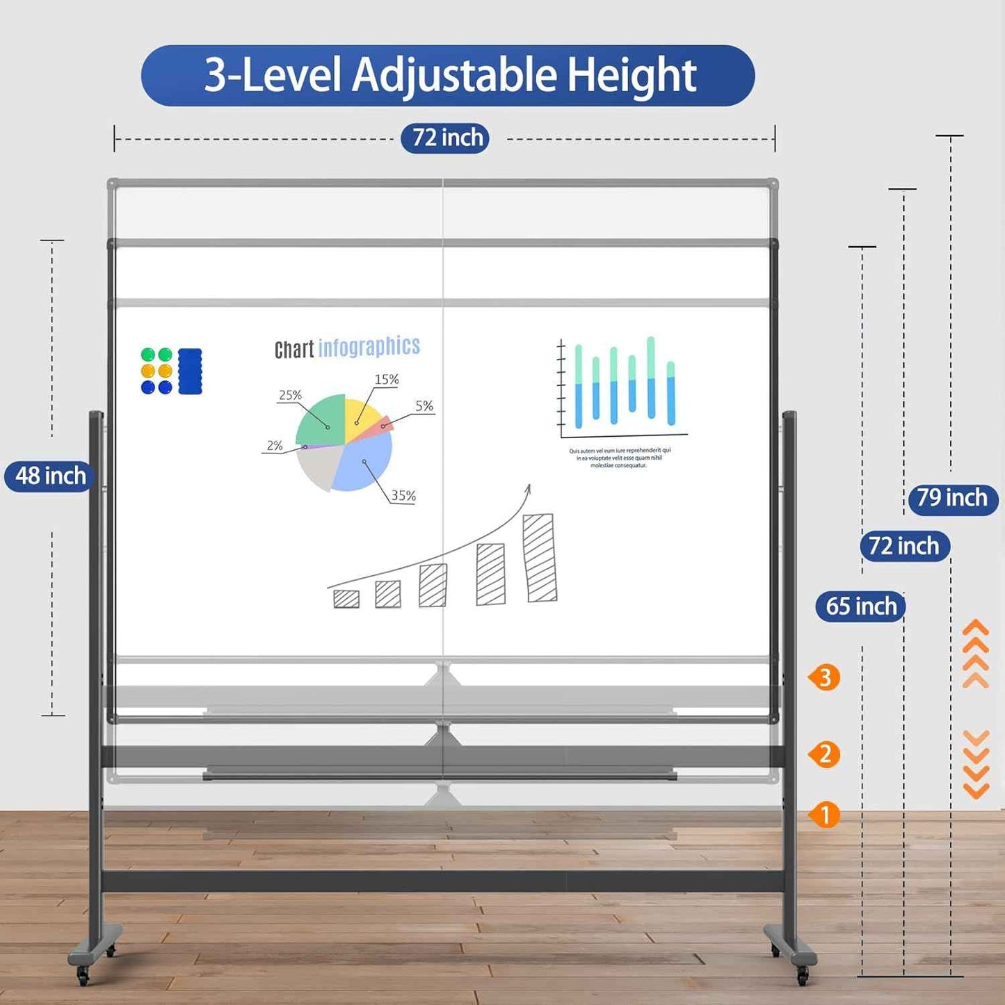 Large 72 x 48 Inch Magnetic Rolling Whiteboard, Double-Sided Dry Erase Board with Stand and Wheels, Mobile White Board for Home, Office, School (Black)